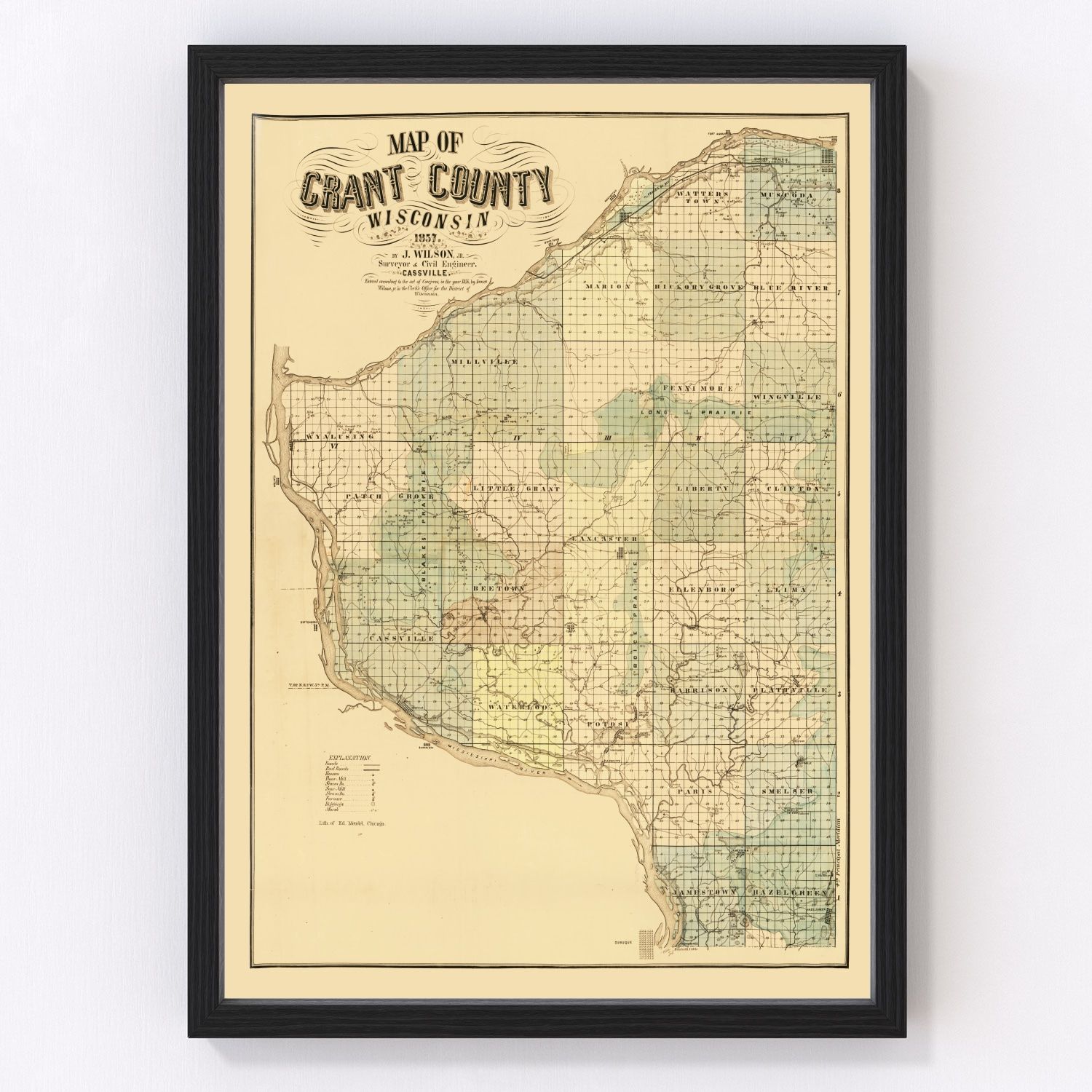 Vintage Map of Grant County, Wisconsin 1857