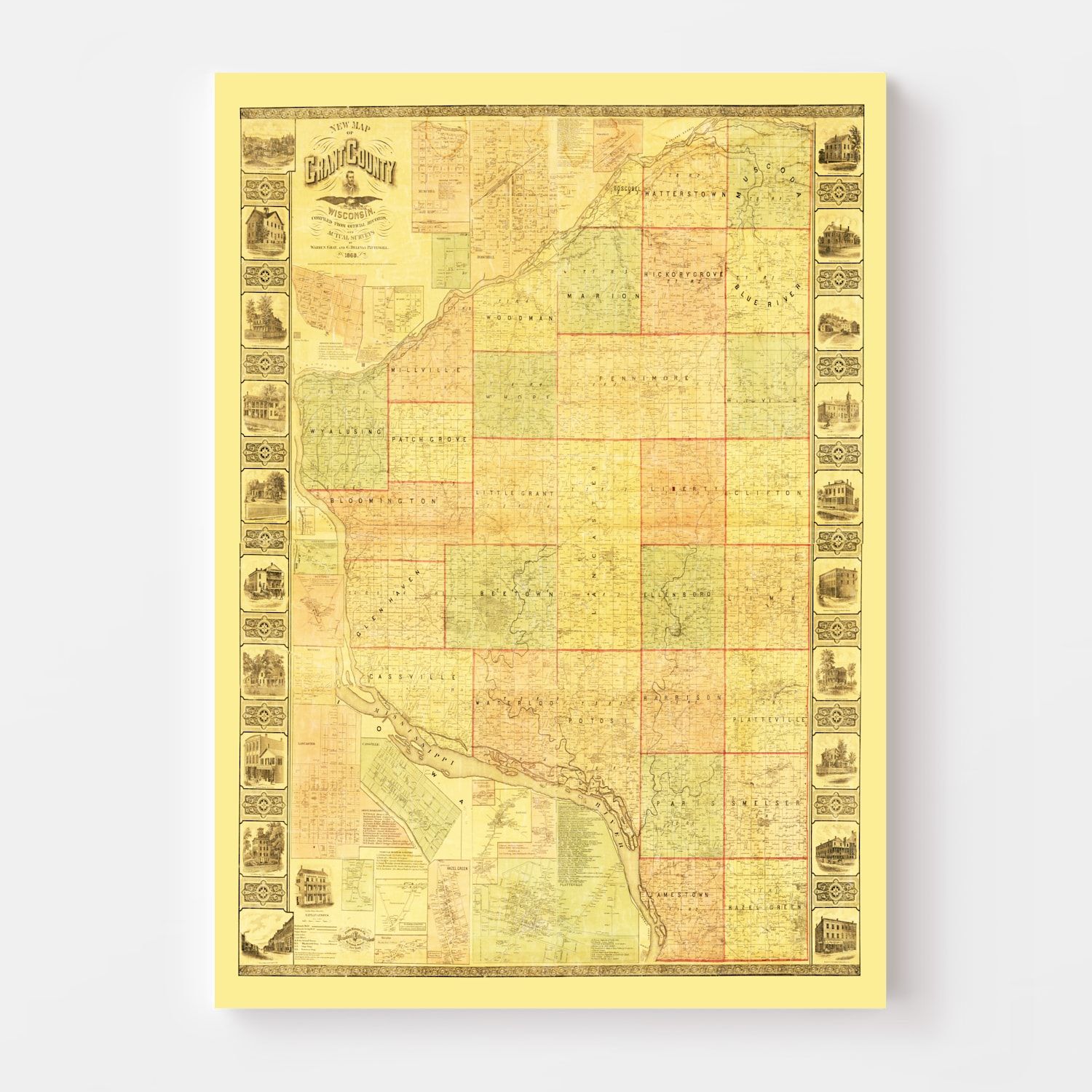 Vintage Map of Grant County, Wisconsin 1868
