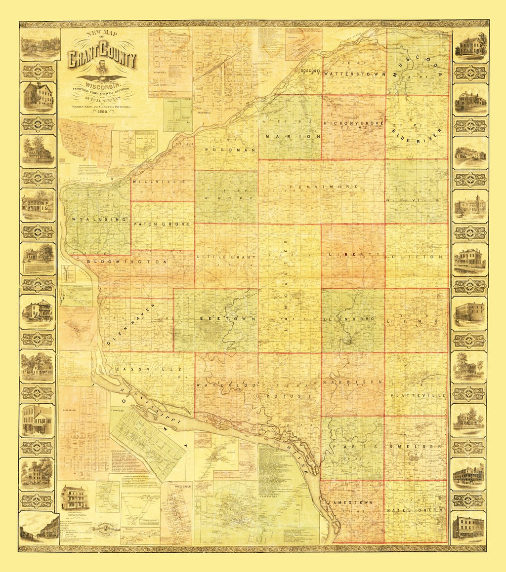 Vintage Map of Grant County, Wisconsin 1868