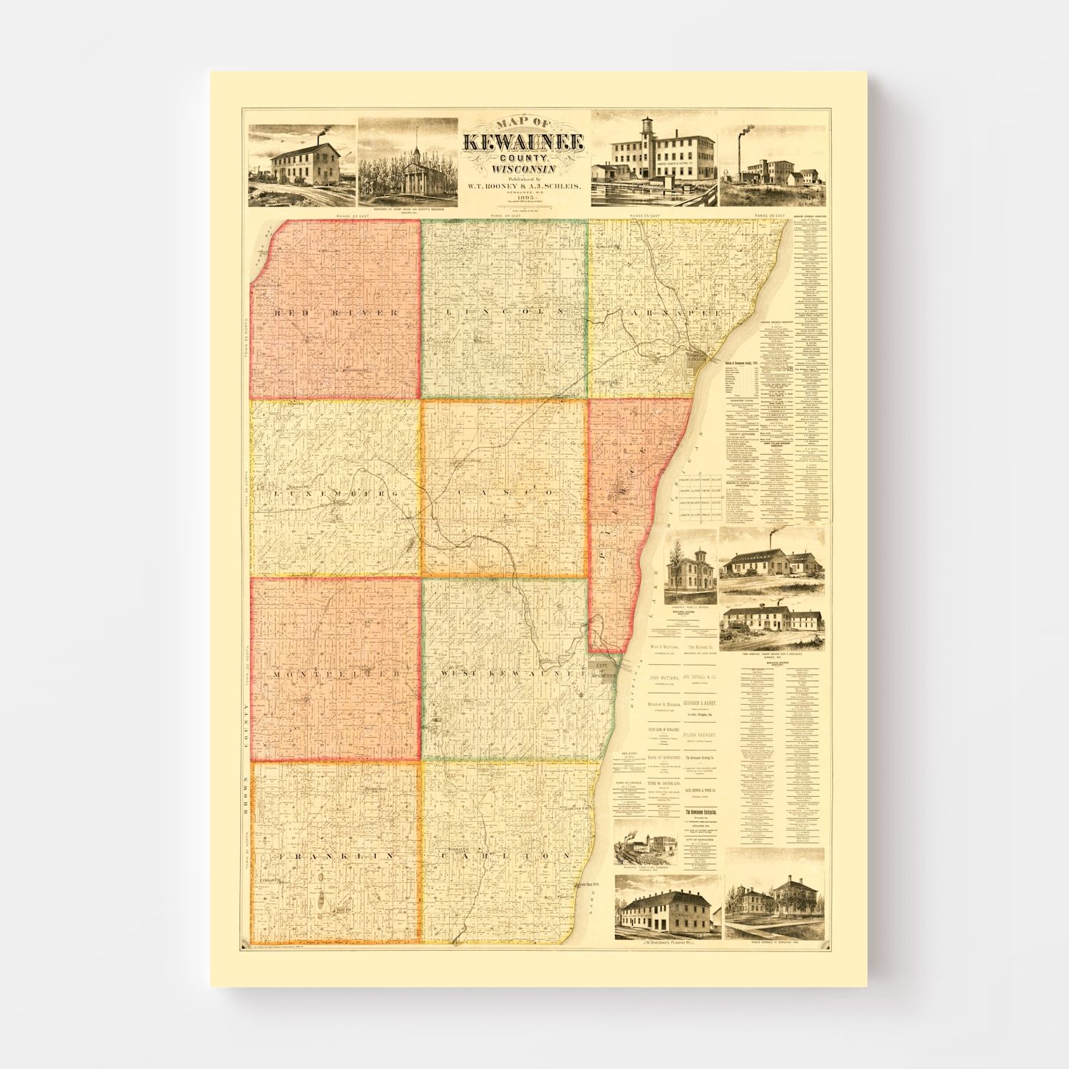 Vintage Map of Kewaunee County, Wisconsin 1895