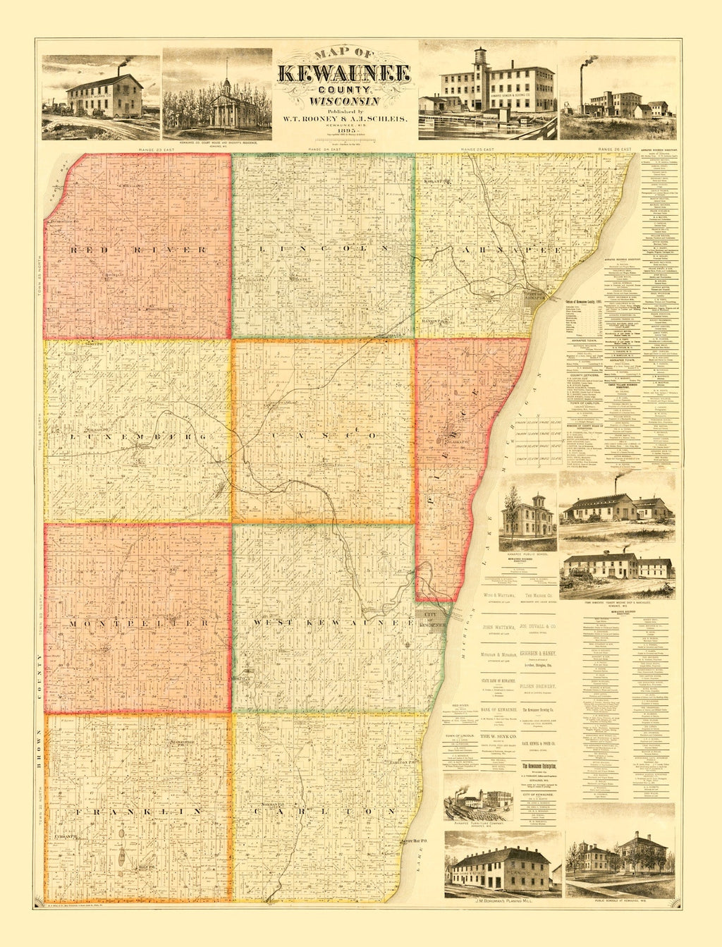 Vintage Map of Kewaunee County, Wisconsin 1895