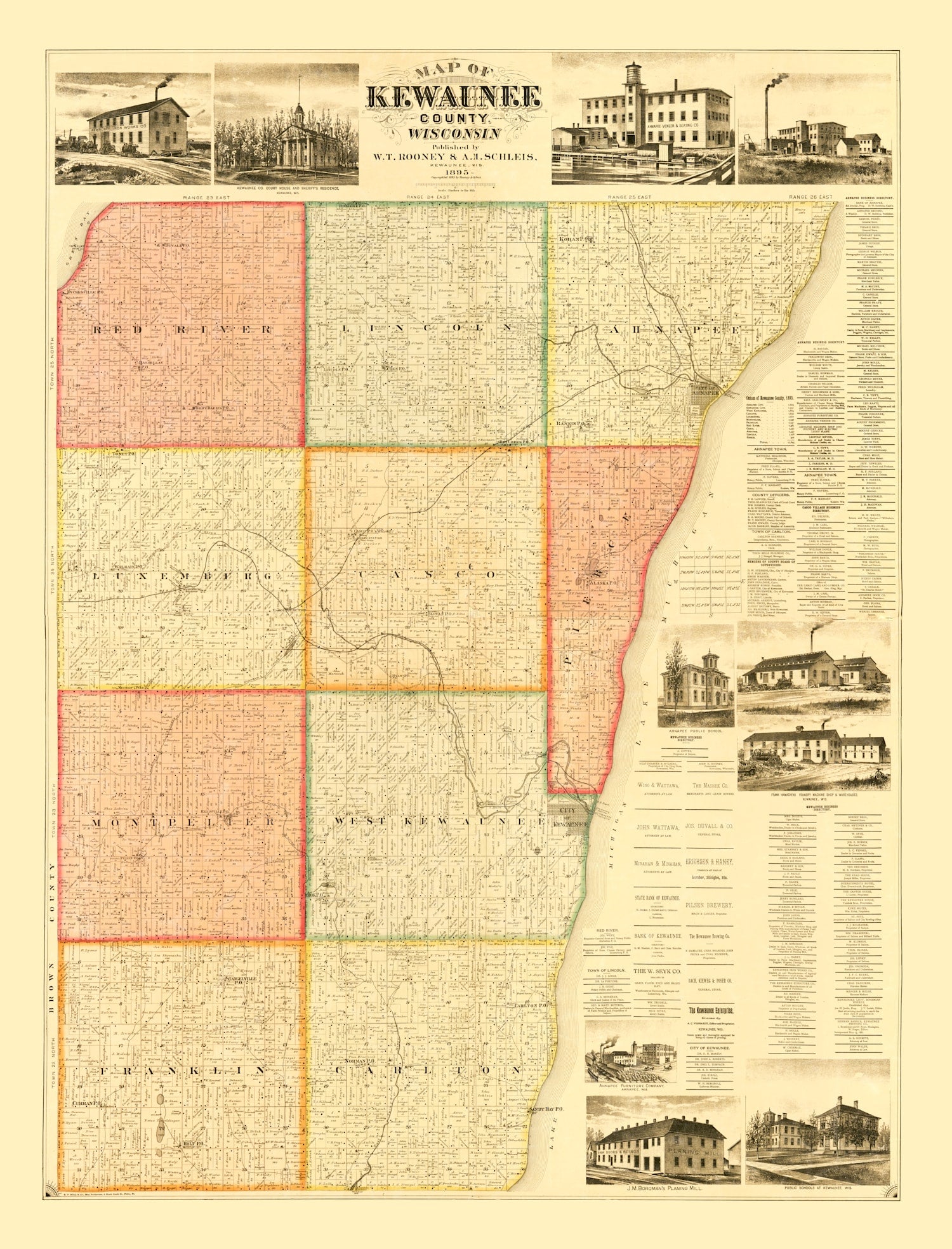 Vintage Map of Kewaunee County, Wisconsin 1895