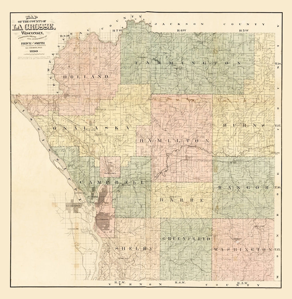 Vintage Map of La Crosse County, Wisconsin 1890