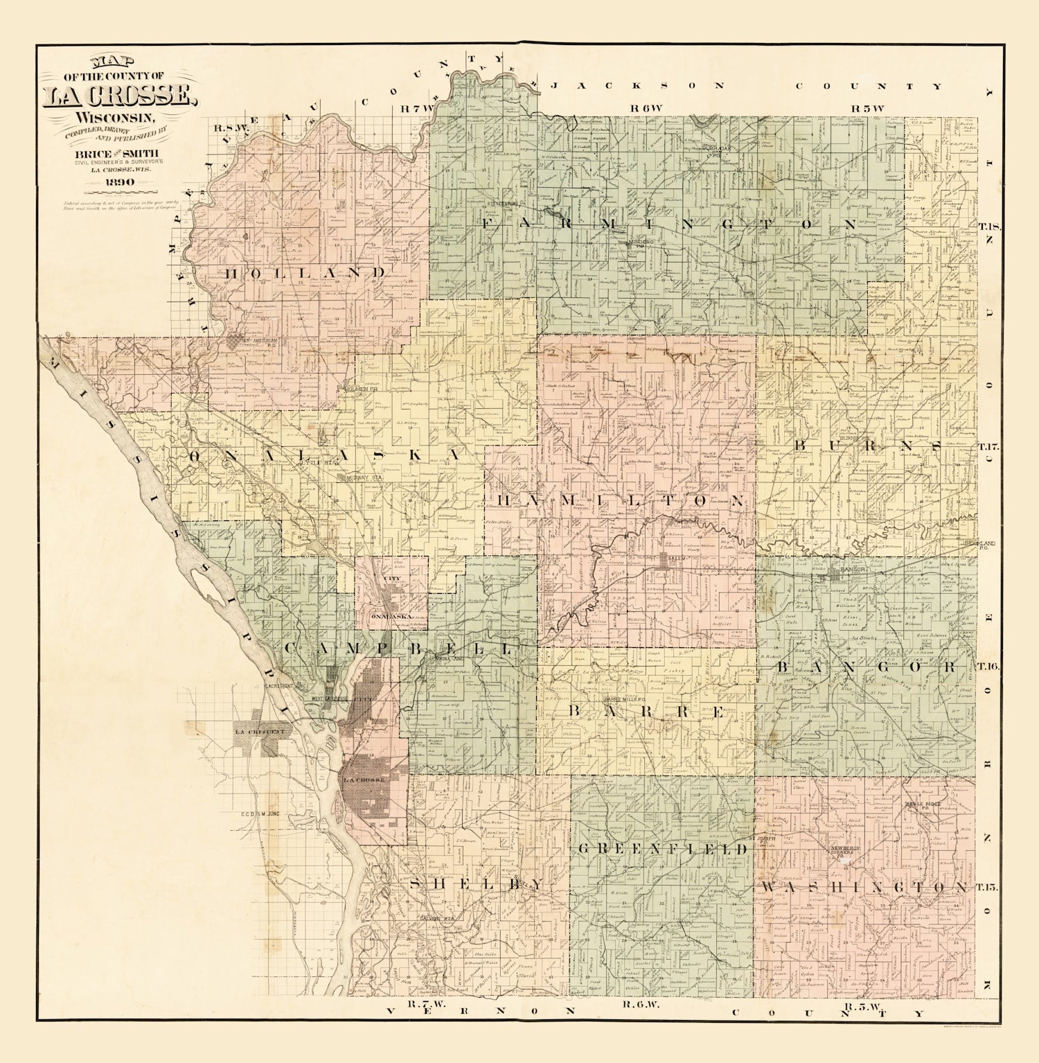 Vintage Map of La Crosse County, Wisconsin 1890
