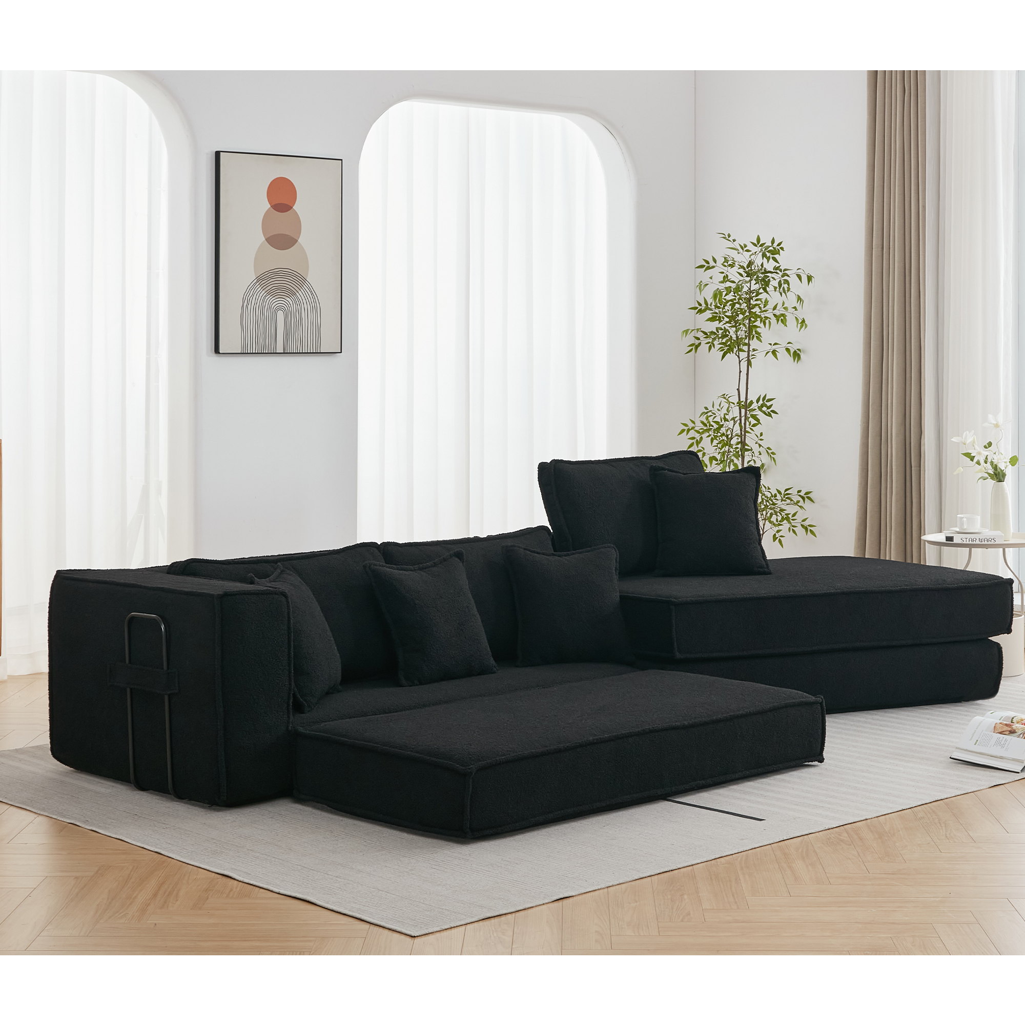[NEW ARRIVED] [VIDEO PROVIDED]  Folding Convertible Out Sleeper Sofa Bed,2-in-1,  Combination Convertible Sofa,3 seat, Upholstered,Fold Out Floor Gaming Sofa Bed , Lamb Velvet Fabric,Living Room,Black