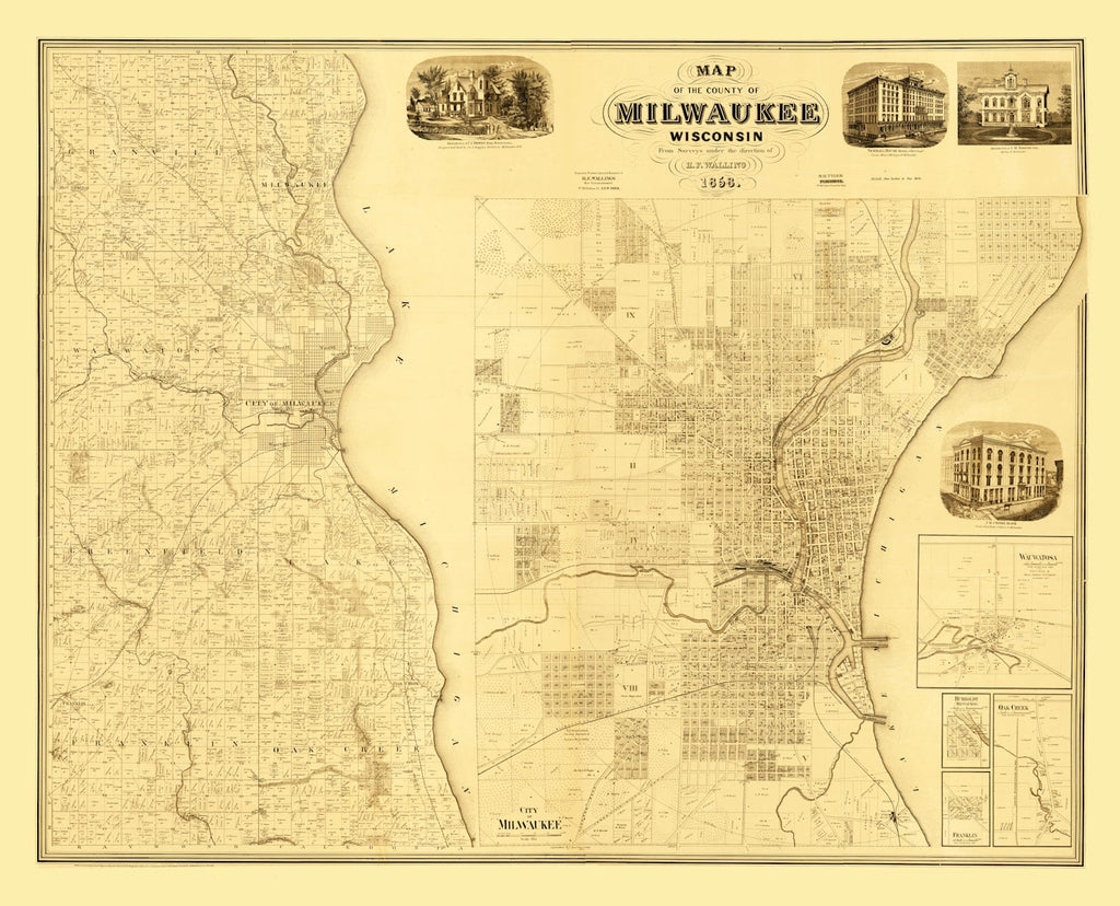 Vintage Map of Milwaukee County, Wisconsin 1858