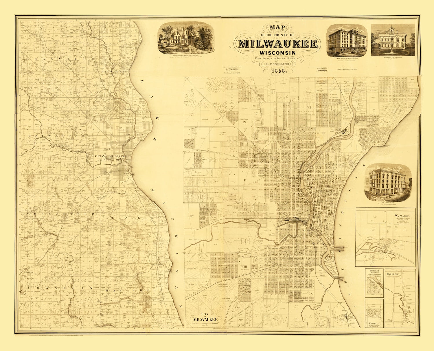 Vintage Map of Milwaukee County, Wisconsin 1858