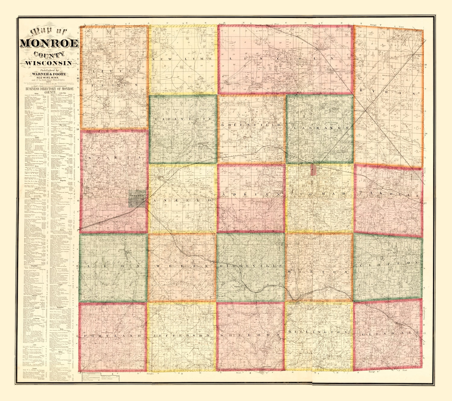 Vintage Map of Monroe County, Wisconsin 1877