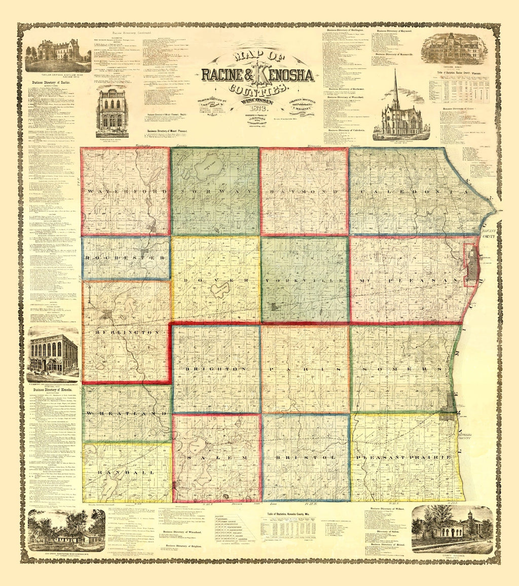 Vintage Map of Kenosha County, Wisconsin 1873