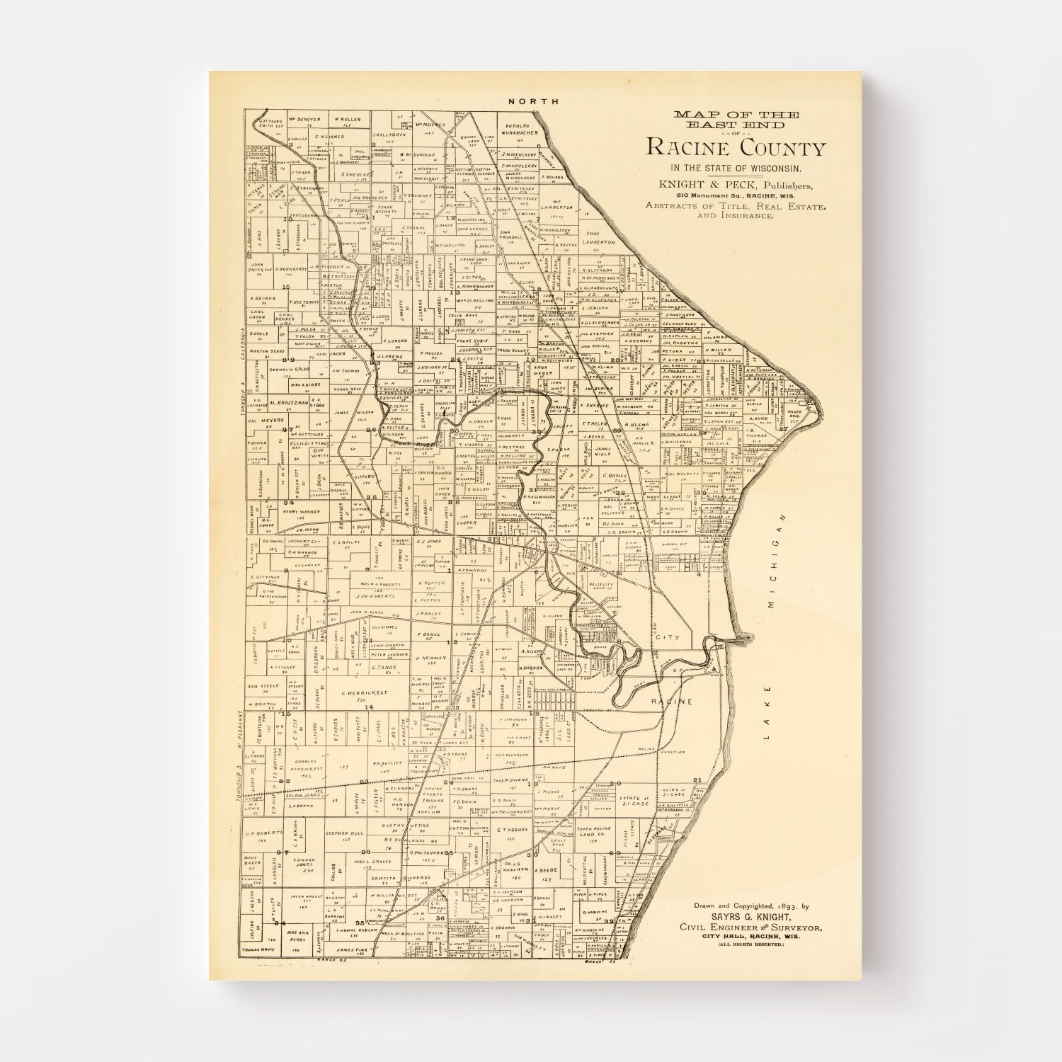 Vintage Map of Racine County, Wisconsin 1893