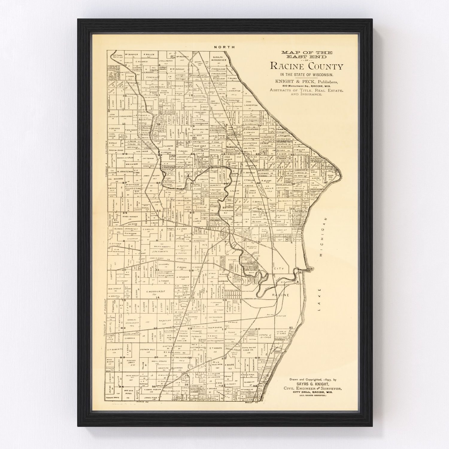 Vintage Map of Racine County, Wisconsin 1893