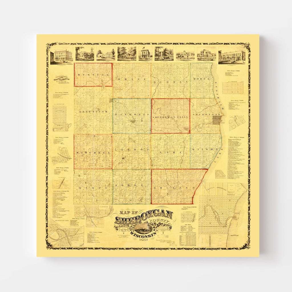 Vintage Map of Sheboygan County, Wisconsin 1862