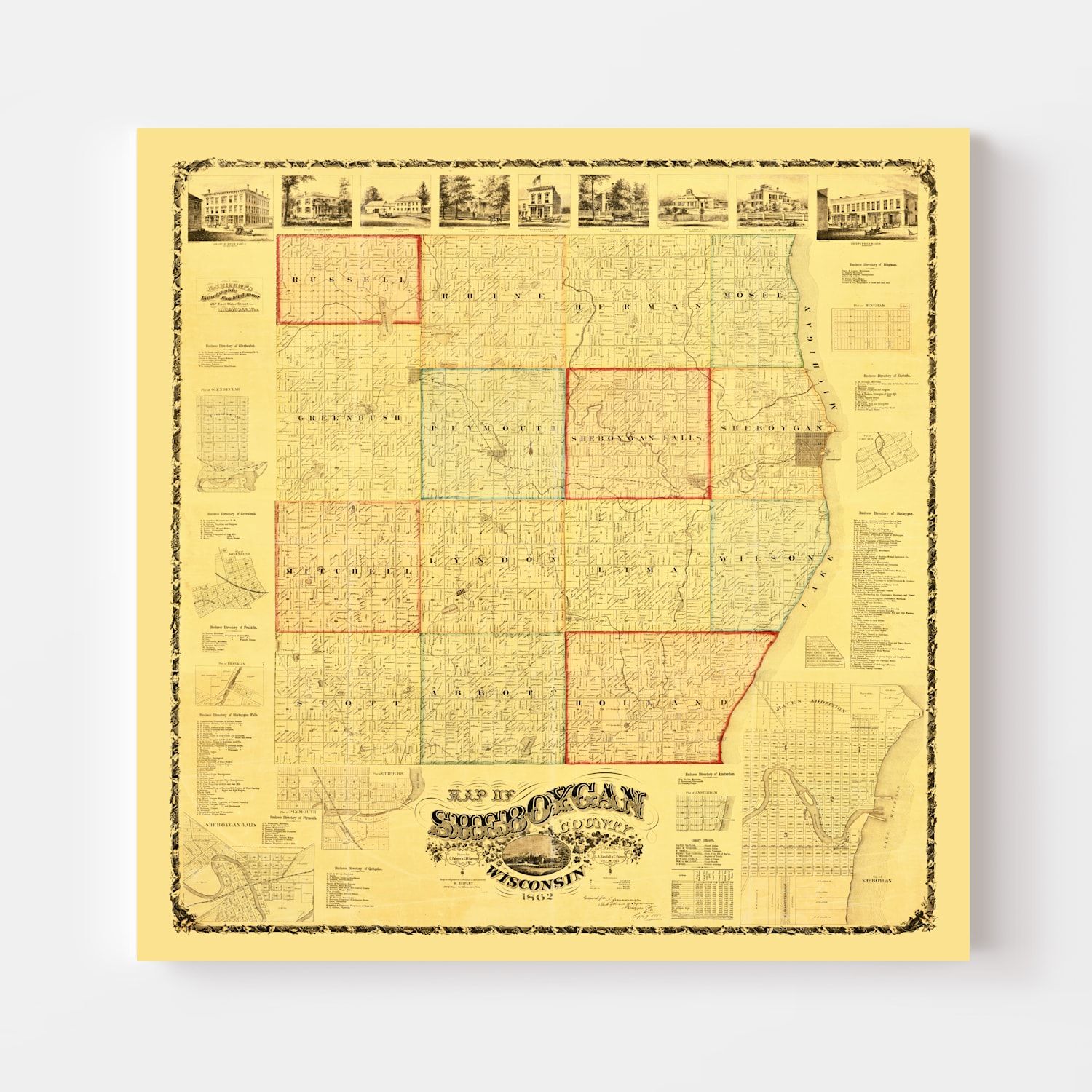 Vintage Map of Sheboygan County, Wisconsin 1862