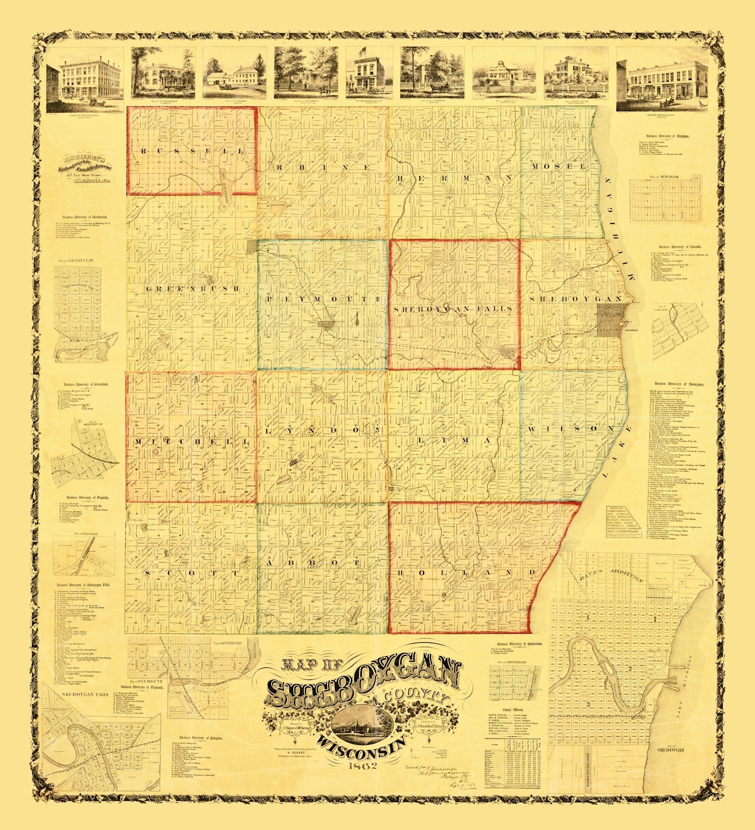 Vintage Map of Sheboygan County, Wisconsin 1862