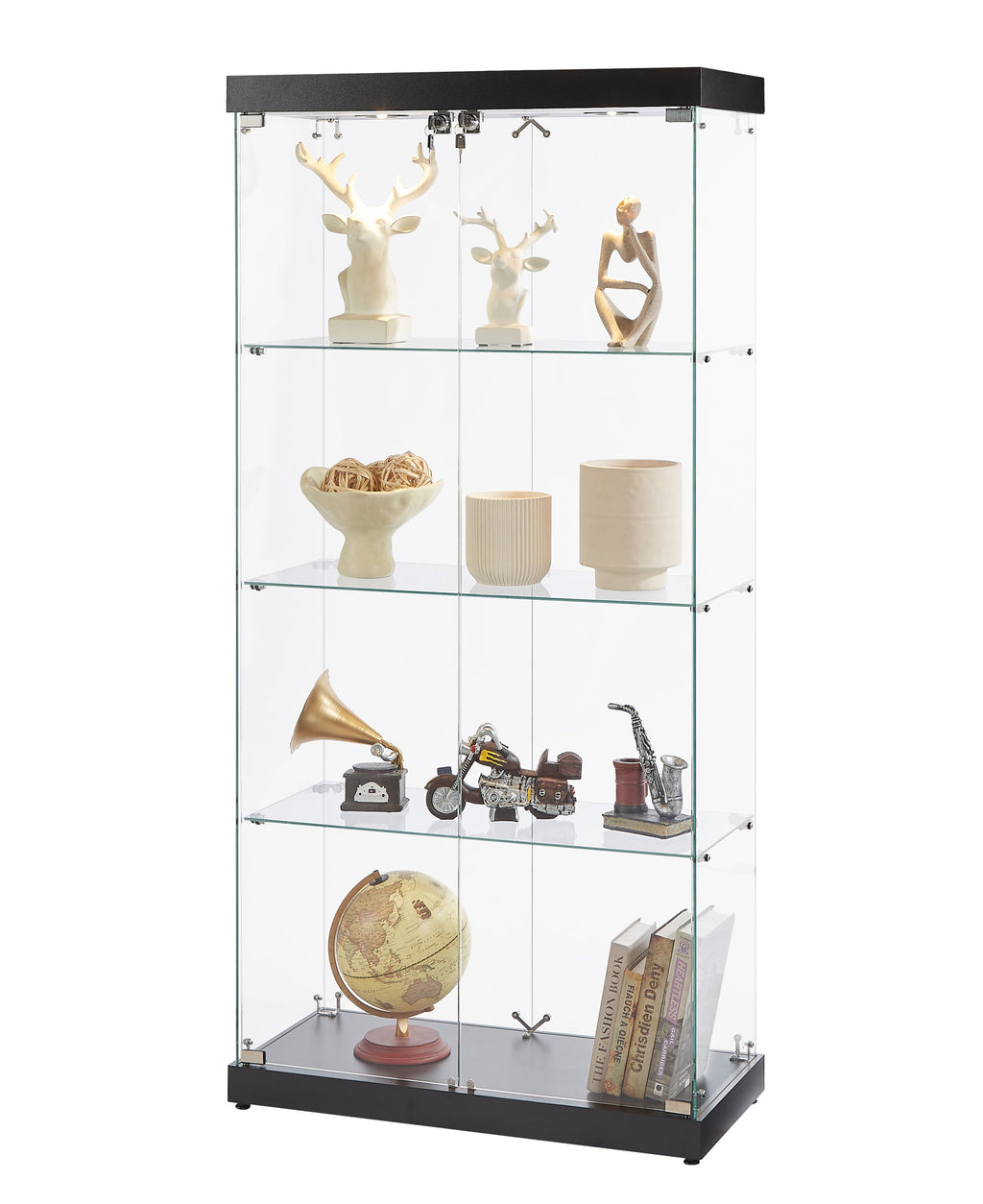 4-Tier Glass Display Cabinet, Double Door Glass Cabinet, Four Partitions, Two Locks, Floor Standing Storage Cabinet for Living Room, Bedroom, Showroom and Office, Black, 31.5'L x 14.2'W x 66.3'H