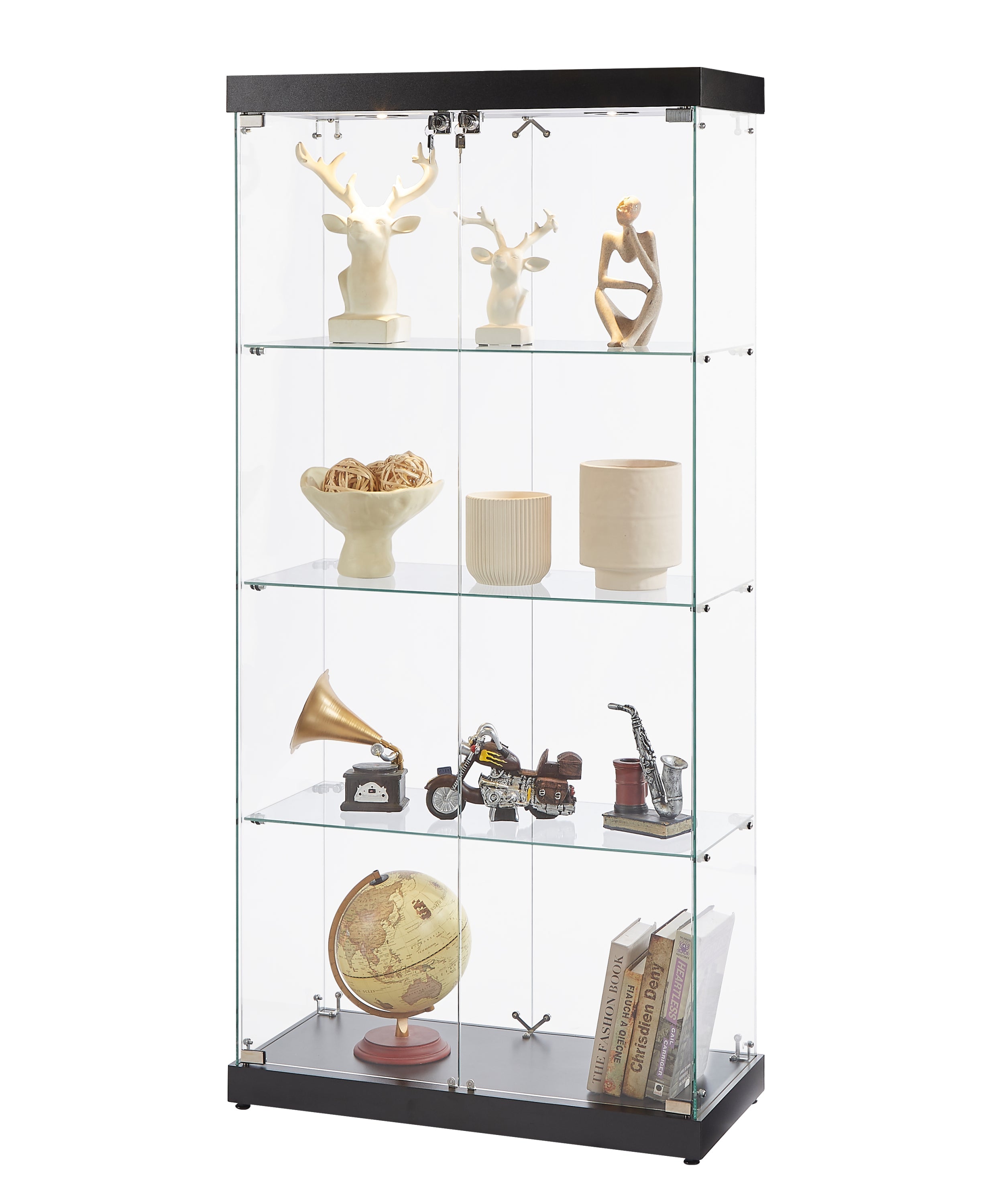 4-Tier Glass Display Cabinet, Double Door Glass Cabinet, Four Partitions, Two Locks, Floor Standing Storage Cabinet for Living Room, Bedroom, Showroom and Office, Black, 31.5'L x 14.2'W x 66.3'H
