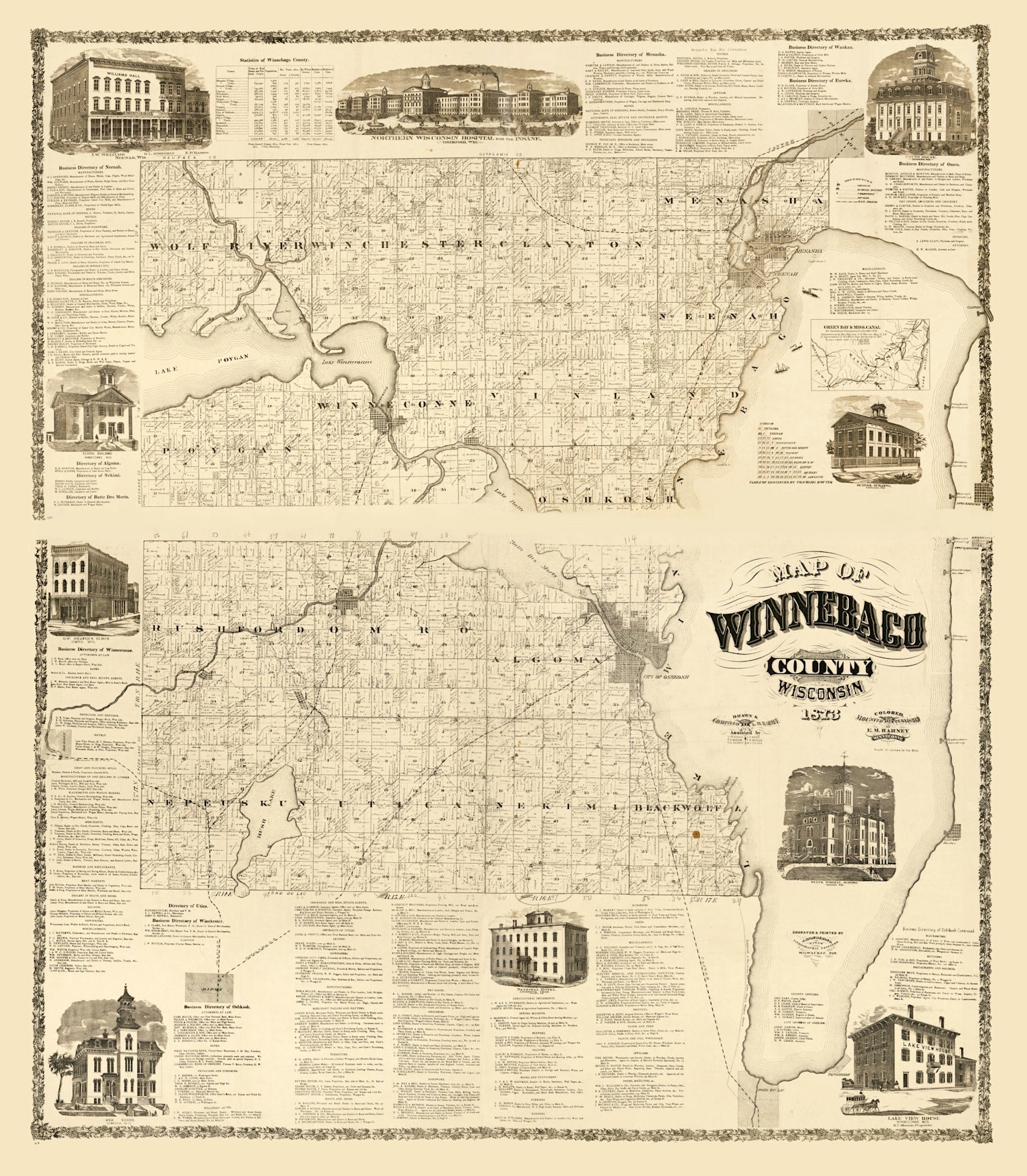 Vintage Map of Winnebago County, Wisconsin 1873