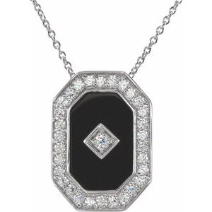 Sterling Silver Natural Black Onyx & Imitation White Cubic Zirconia Halo-Style 18" Necklace