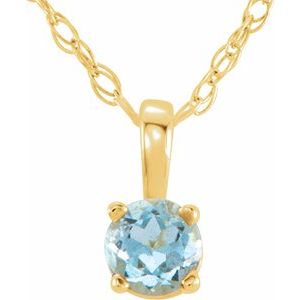14K Yellow Gold 3 mm Natural Aquamarine Youth Solitaire 14" Necklace