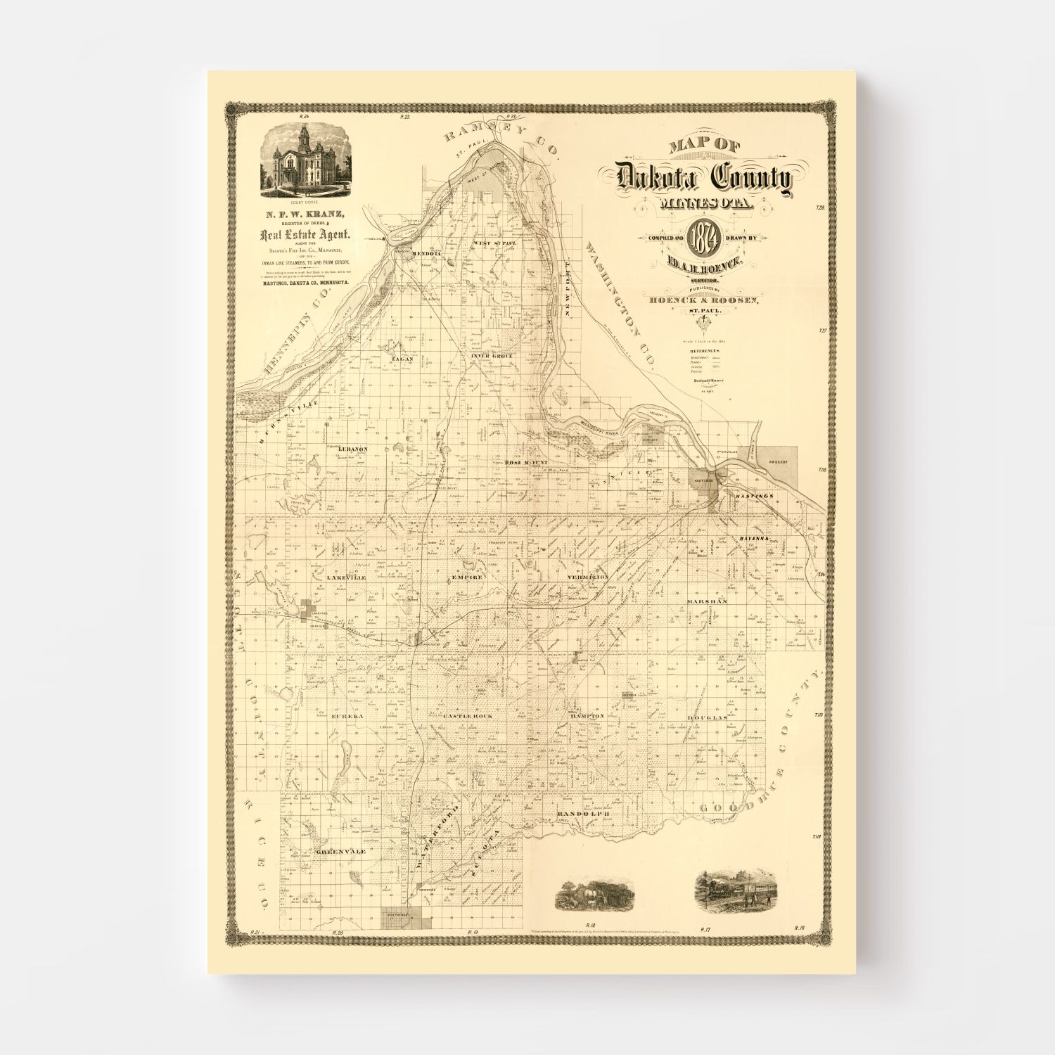Vintage Map of Dakota County, Minnesota 1874