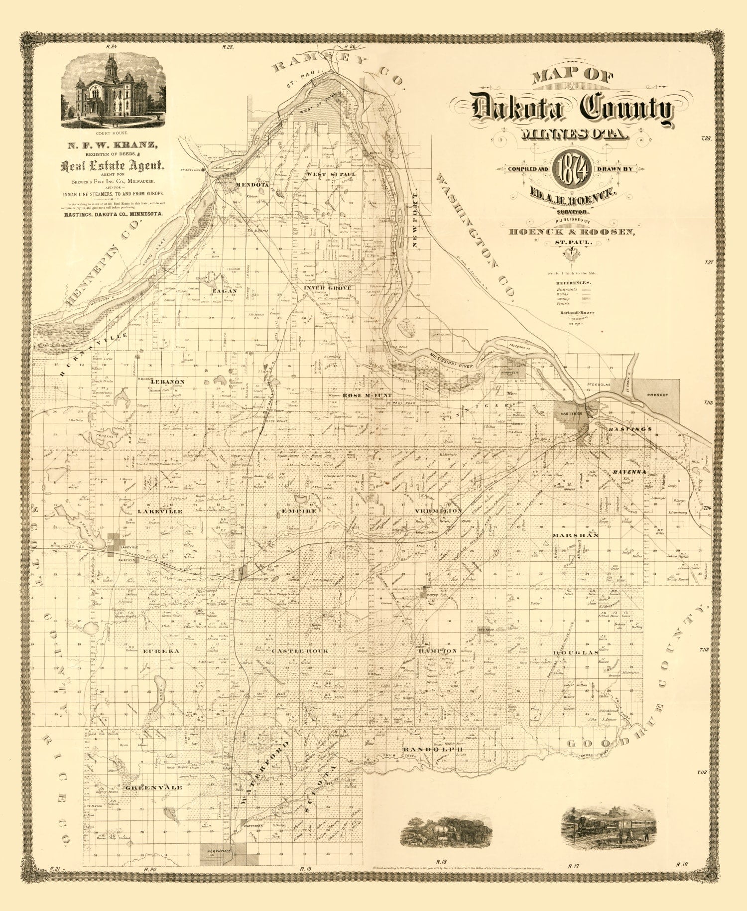 Vintage Map of Dakota County, Minnesota 1874