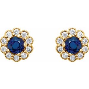 14K Yellow Gold 3.2 mm Natural Blue Sapphire & 1/8 CTW Natural Diamond Earrings – image 2