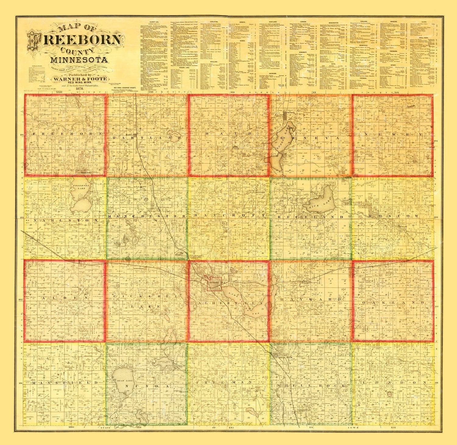 Vintage Map of Freeborn County, Minnesota 1878