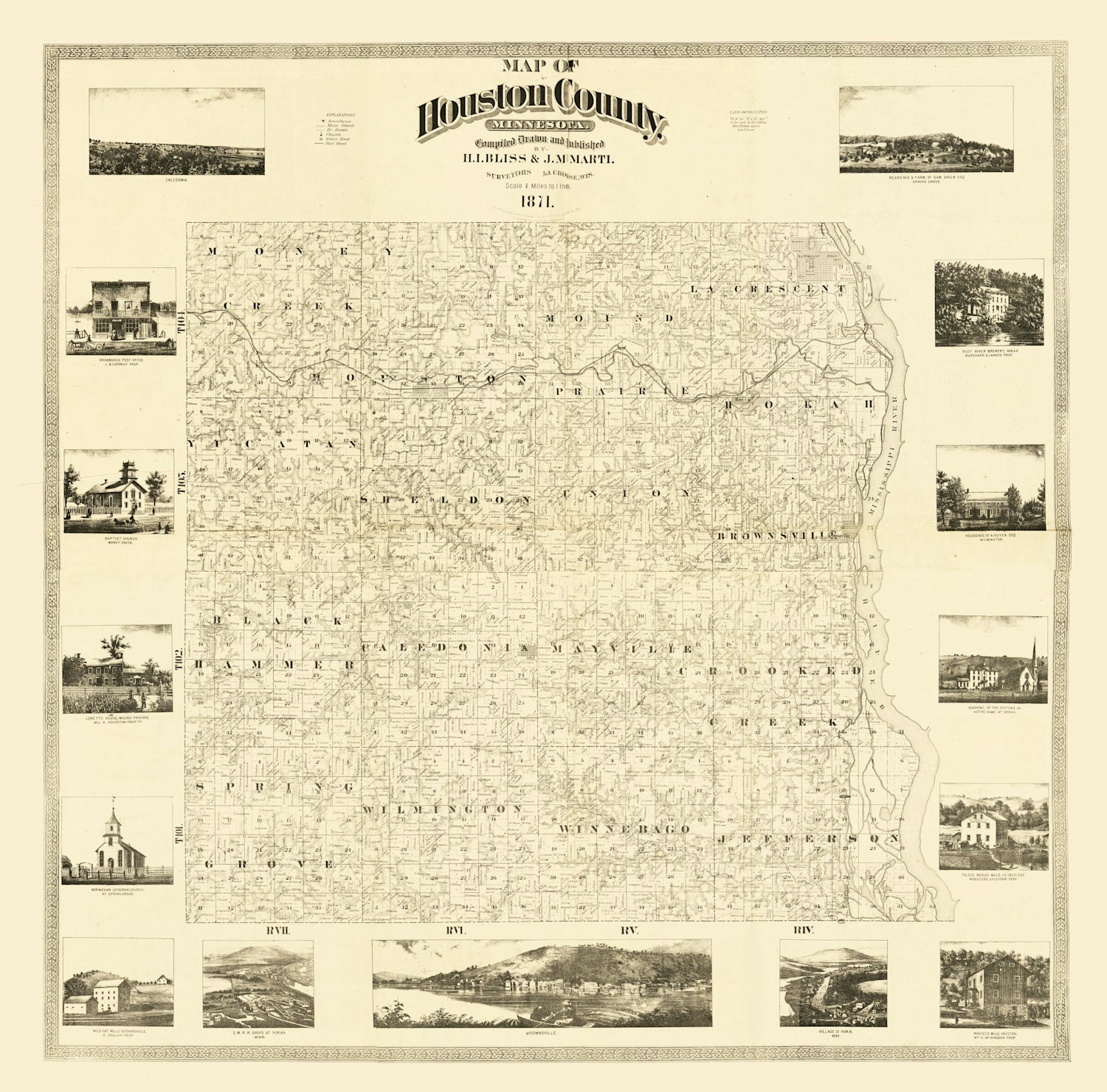 Vintage Map of Houston County, Minnesota 1871
