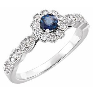14K White Gold Round Natural Blue Sapphire 1/4 CTW Natural Diamond Halo-Style Ring