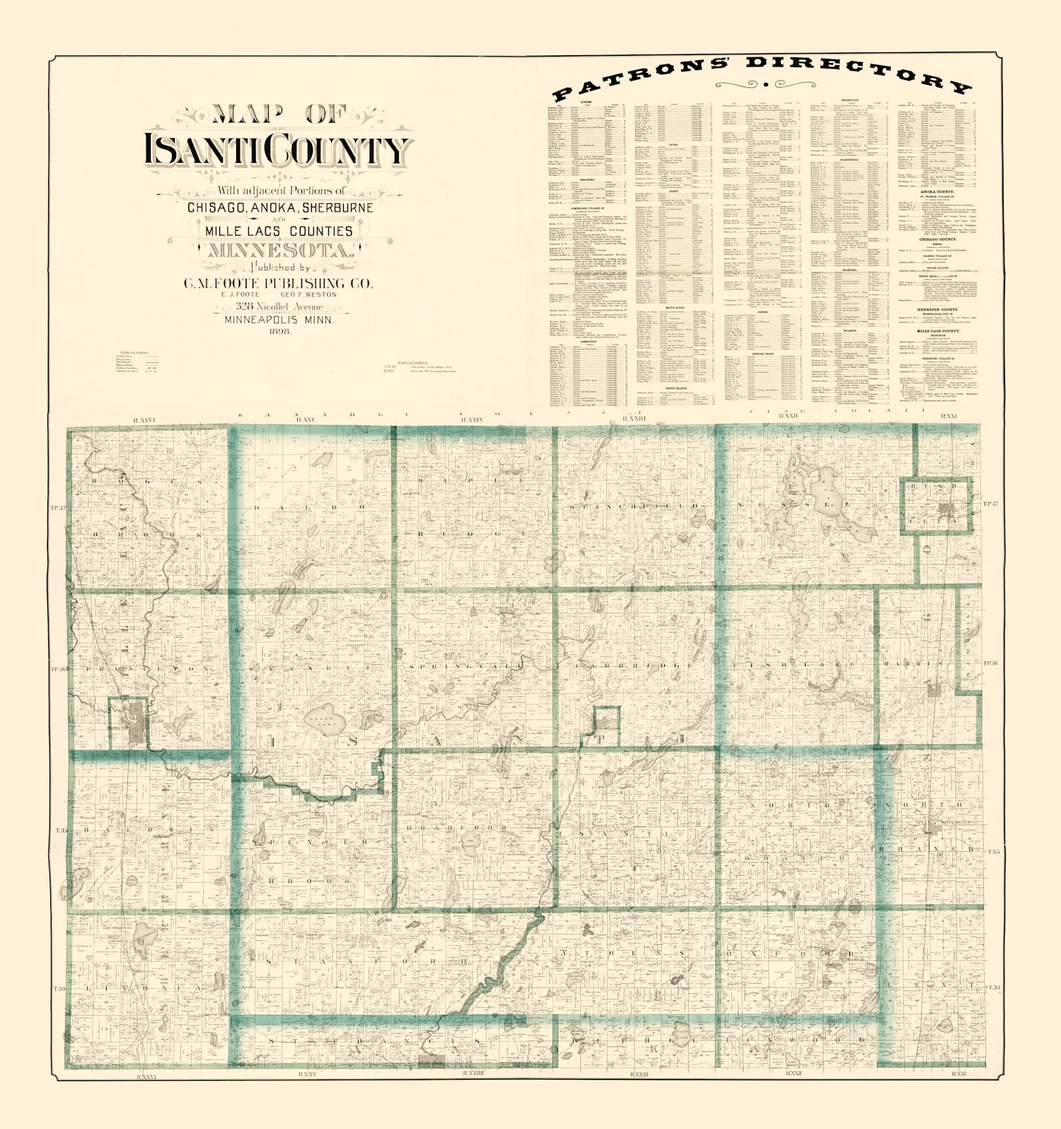 Vintage Map of Isanti County, Minnesota 1898