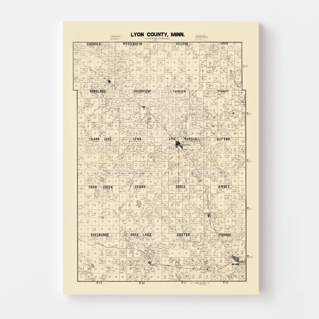 Vintage Map of Lyon County, Minnesota 1884