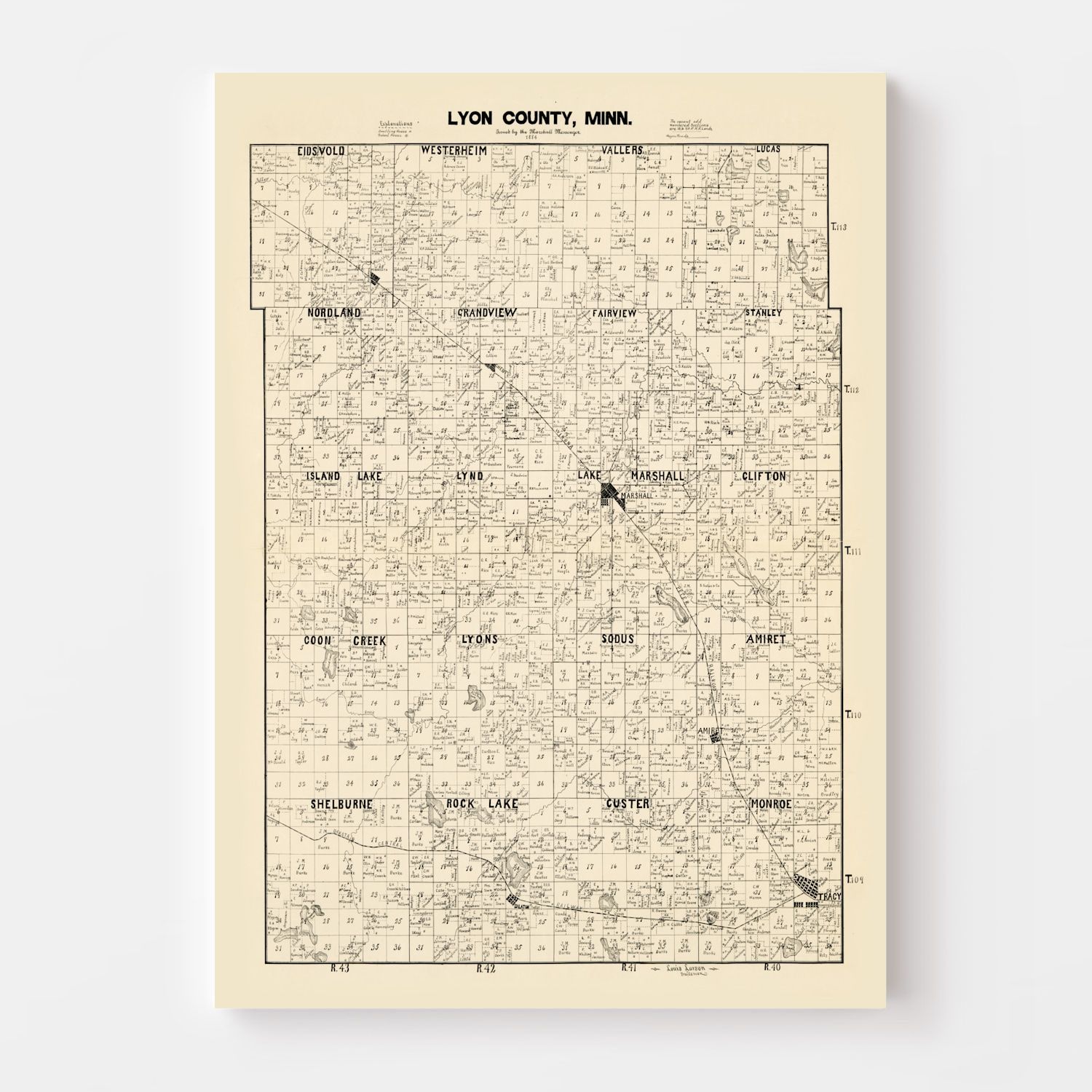 Vintage Map of Lyon County, Minnesota 1884