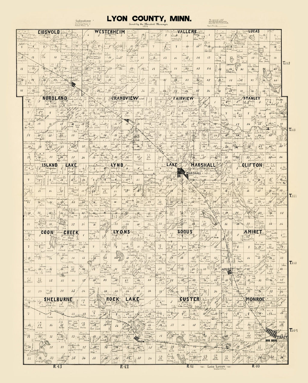 Vintage Map of Lyon County, Minnesota 1884