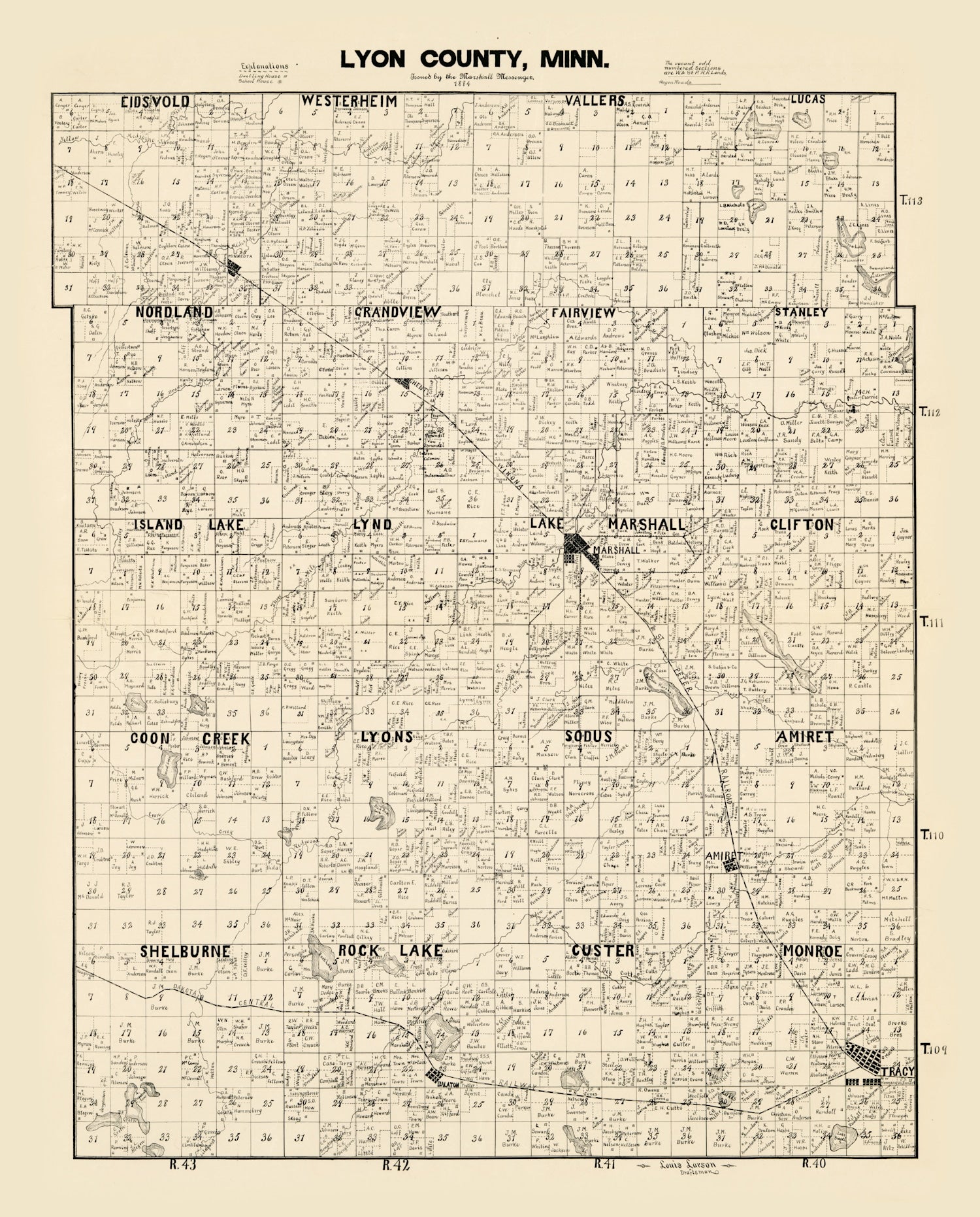 Vintage Map of Lyon County, Minnesota 1884