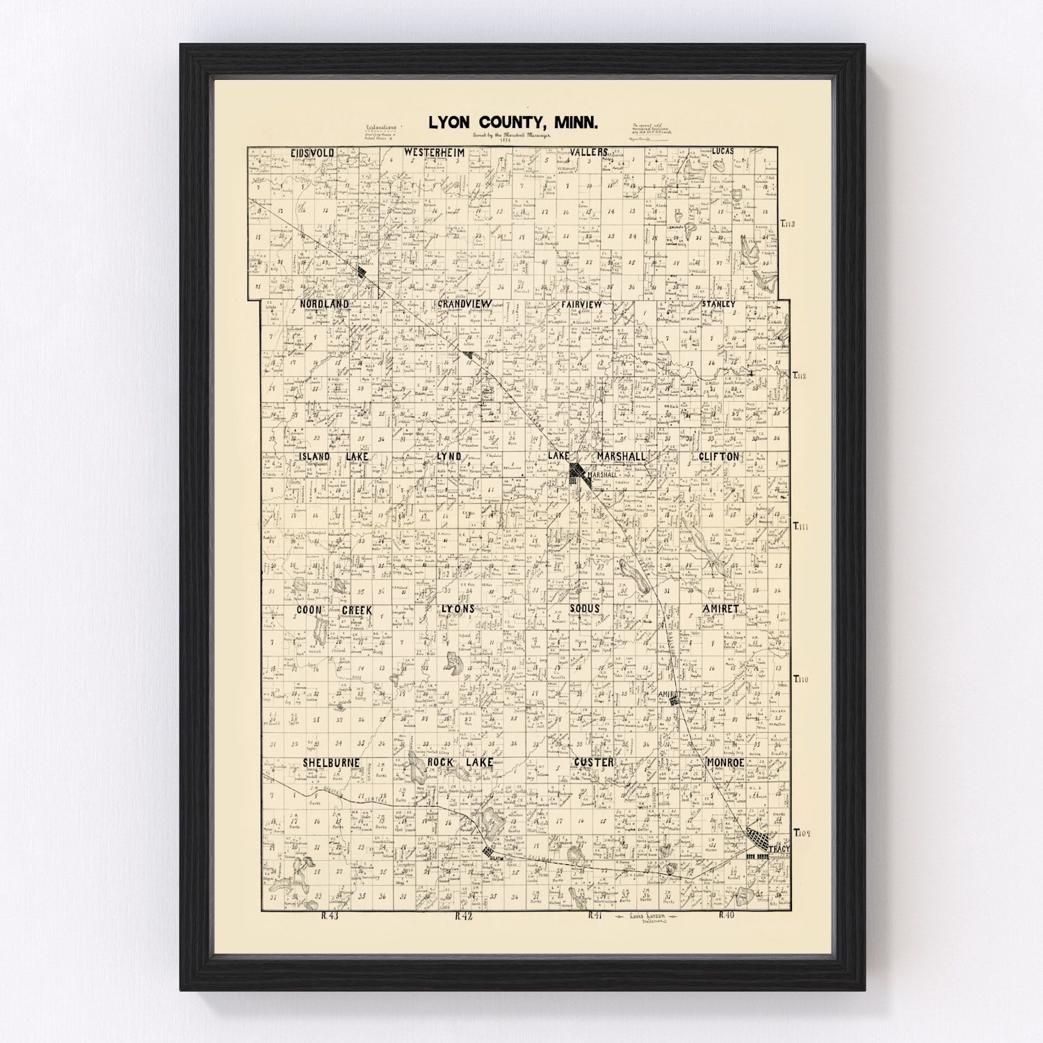 Vintage Map of Lyon County, Minnesota 1884