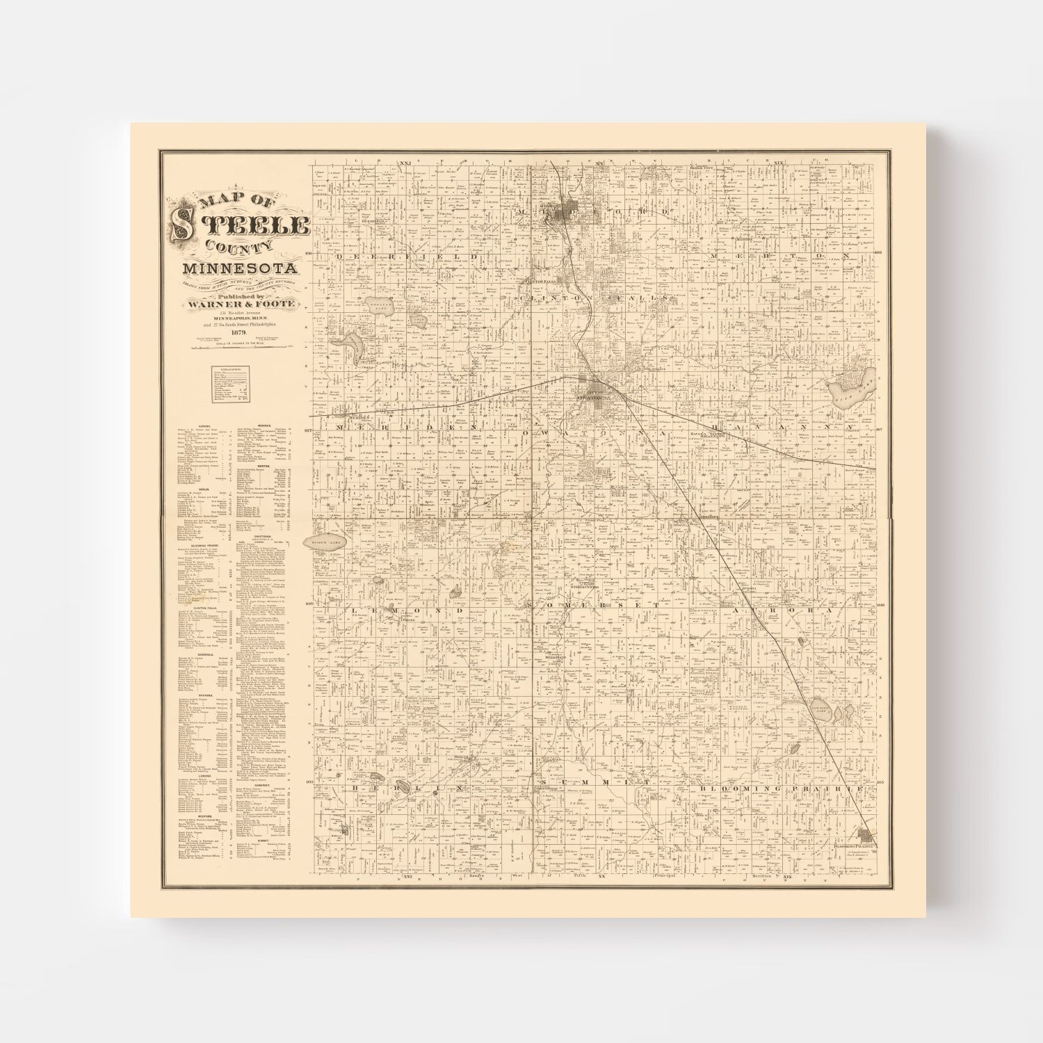 Vintage Map of Steele County, Minnesota 1879