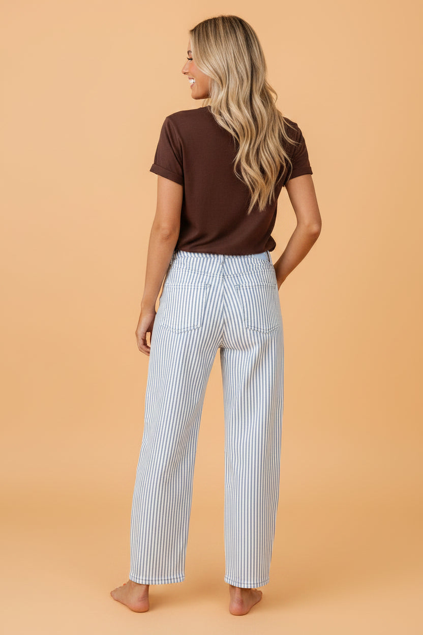 Stripe Denim High Waist Barrel Leg Jeans