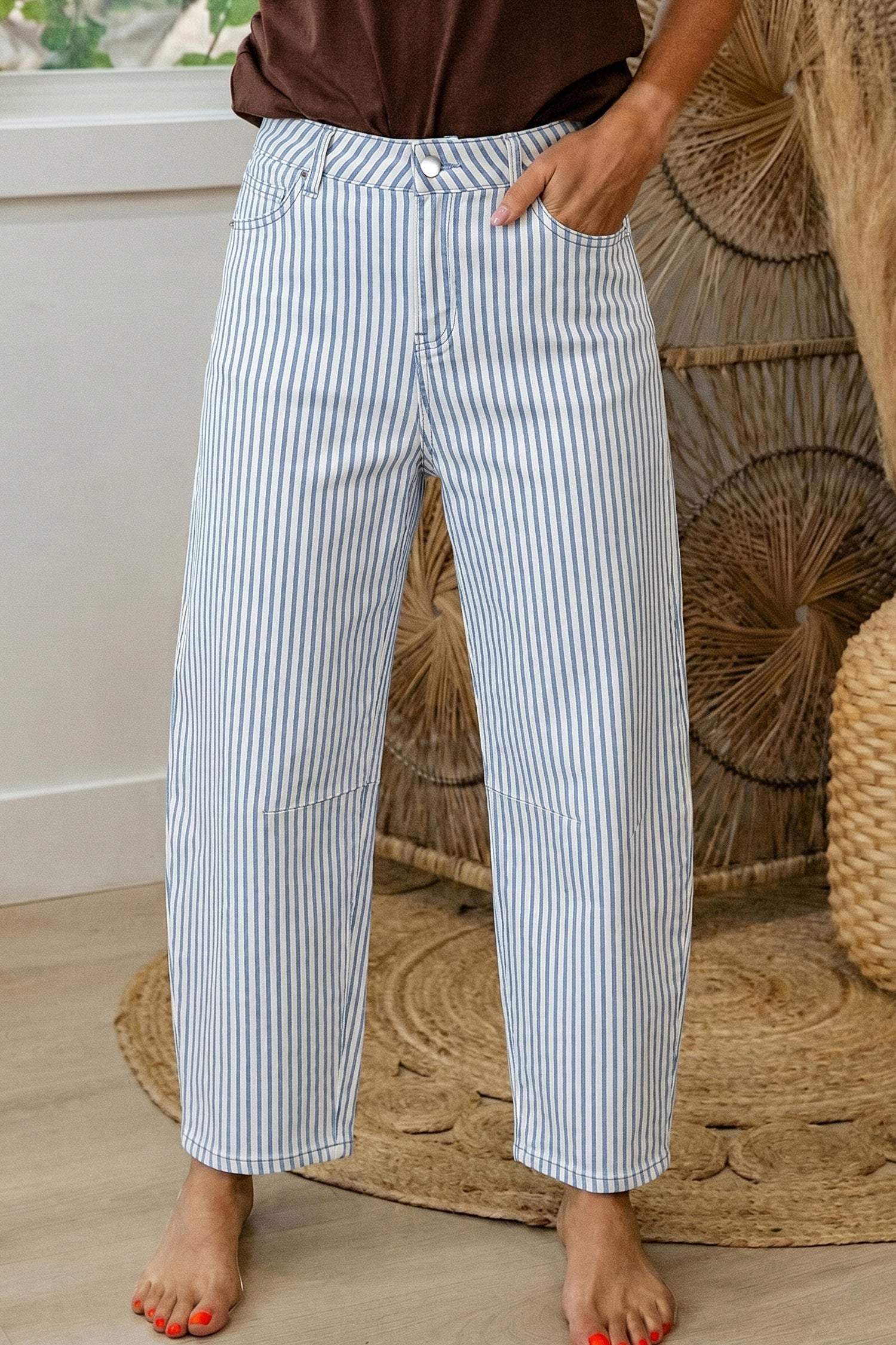 Stripe Denim High Waist Barrel Leg Jeans