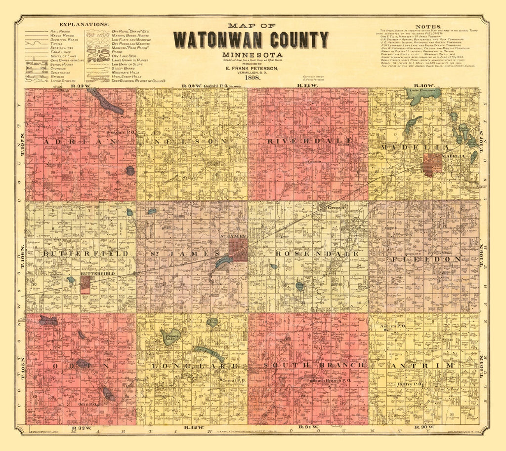 Vintage Map of Watonwan County, Minnesota 1898