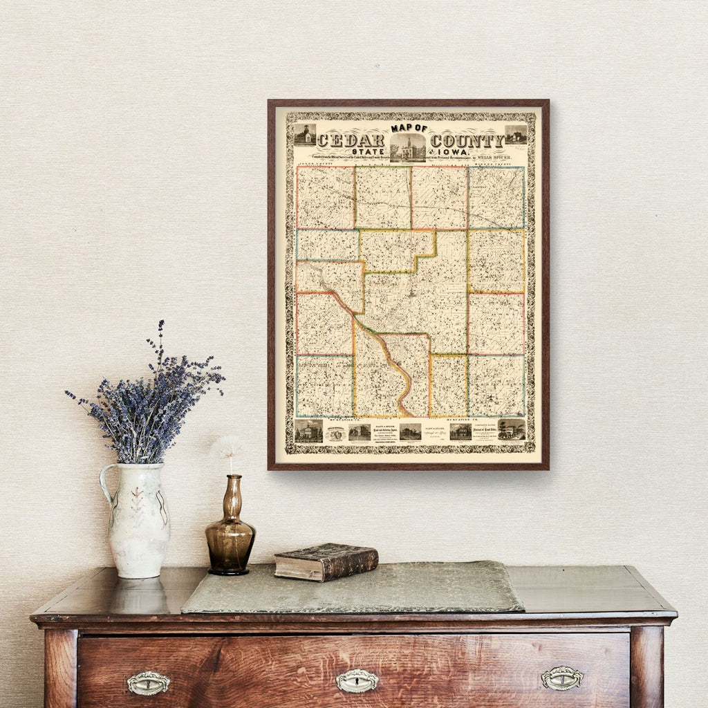 Vintage Map of Cedar County, Iowa 1863