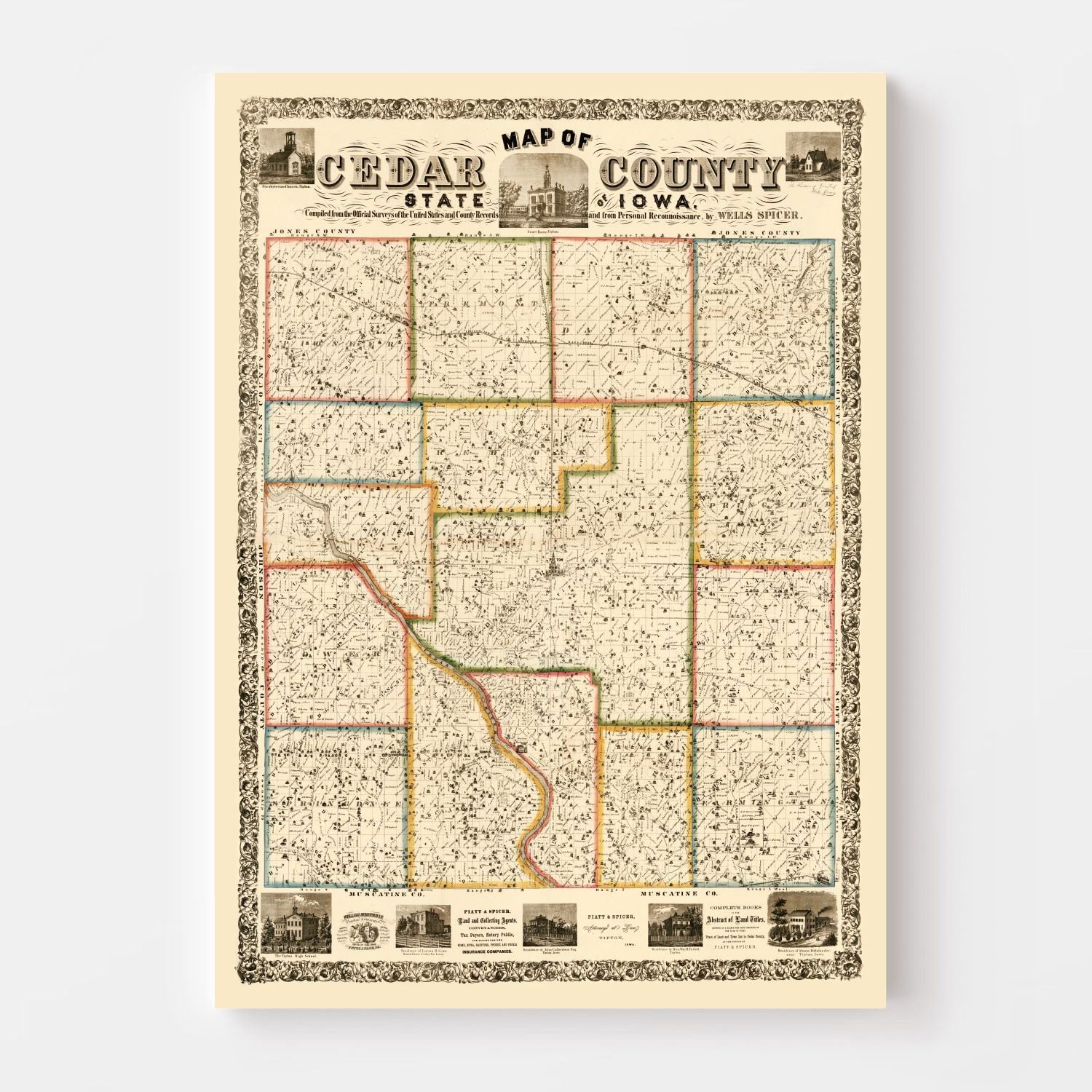 Vintage Map of Cedar County, Iowa 1863