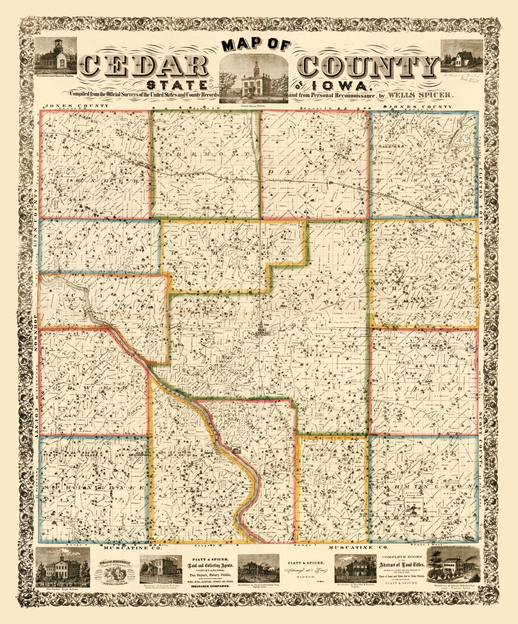 Vintage Map of Cedar County, Iowa 1863