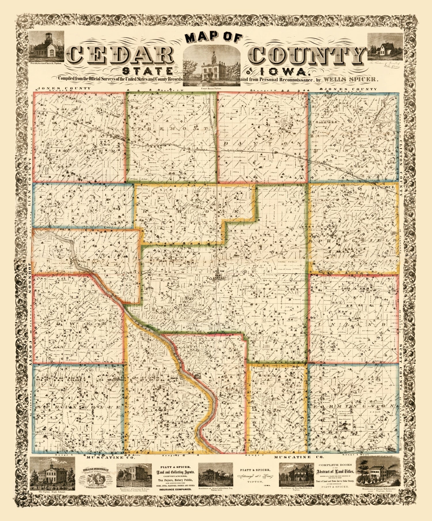 Vintage Map of Cedar County, Iowa 1863