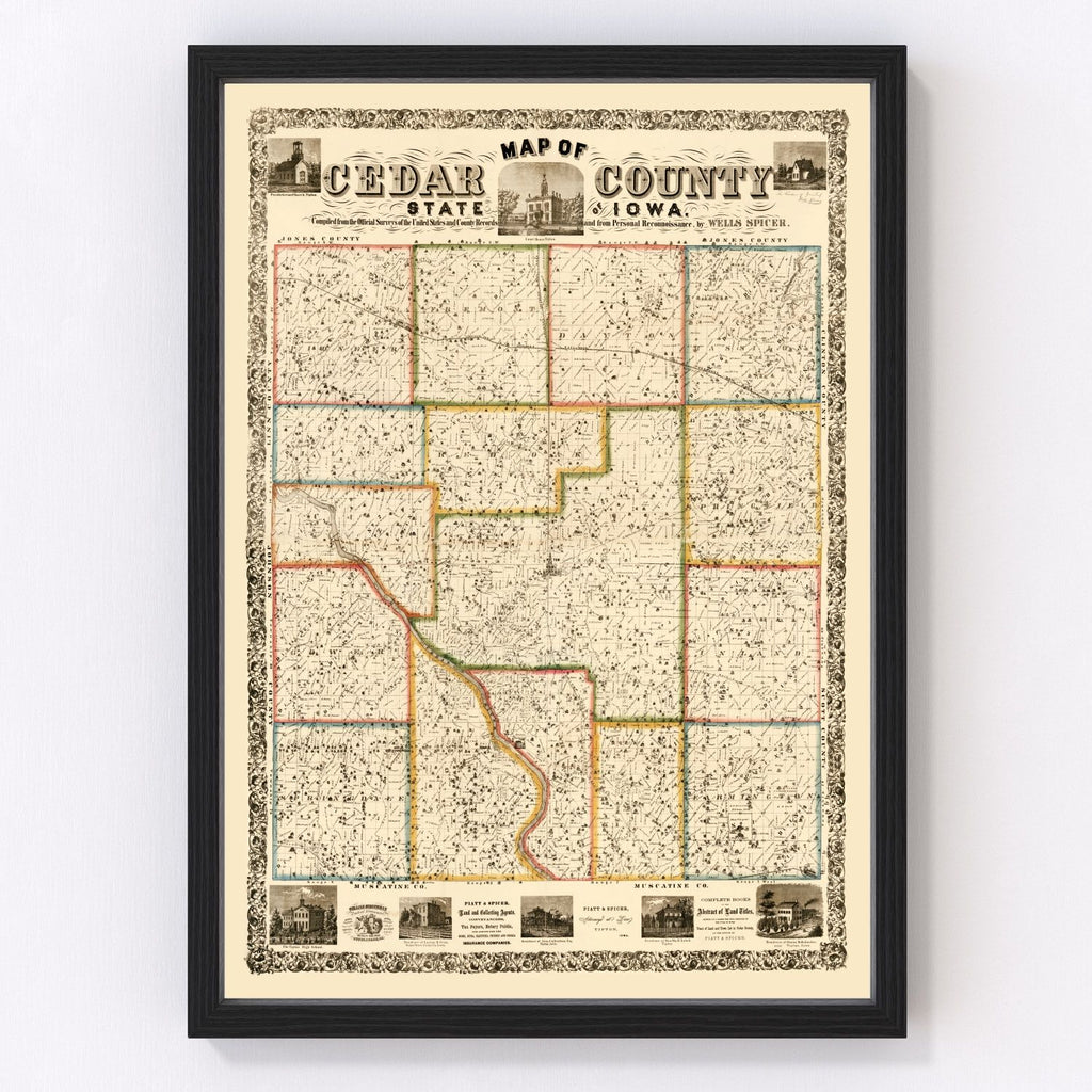 Vintage Map of Cedar County, Iowa 1863