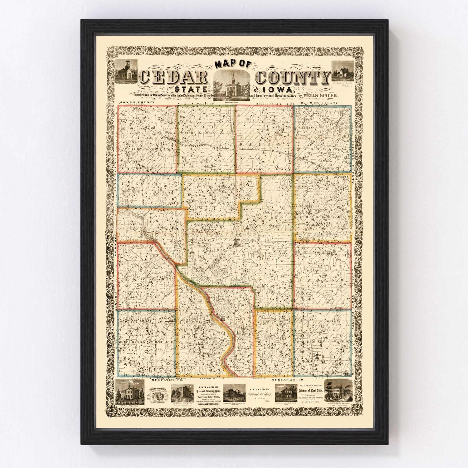 Vintage Map of Cedar County, Iowa 1863