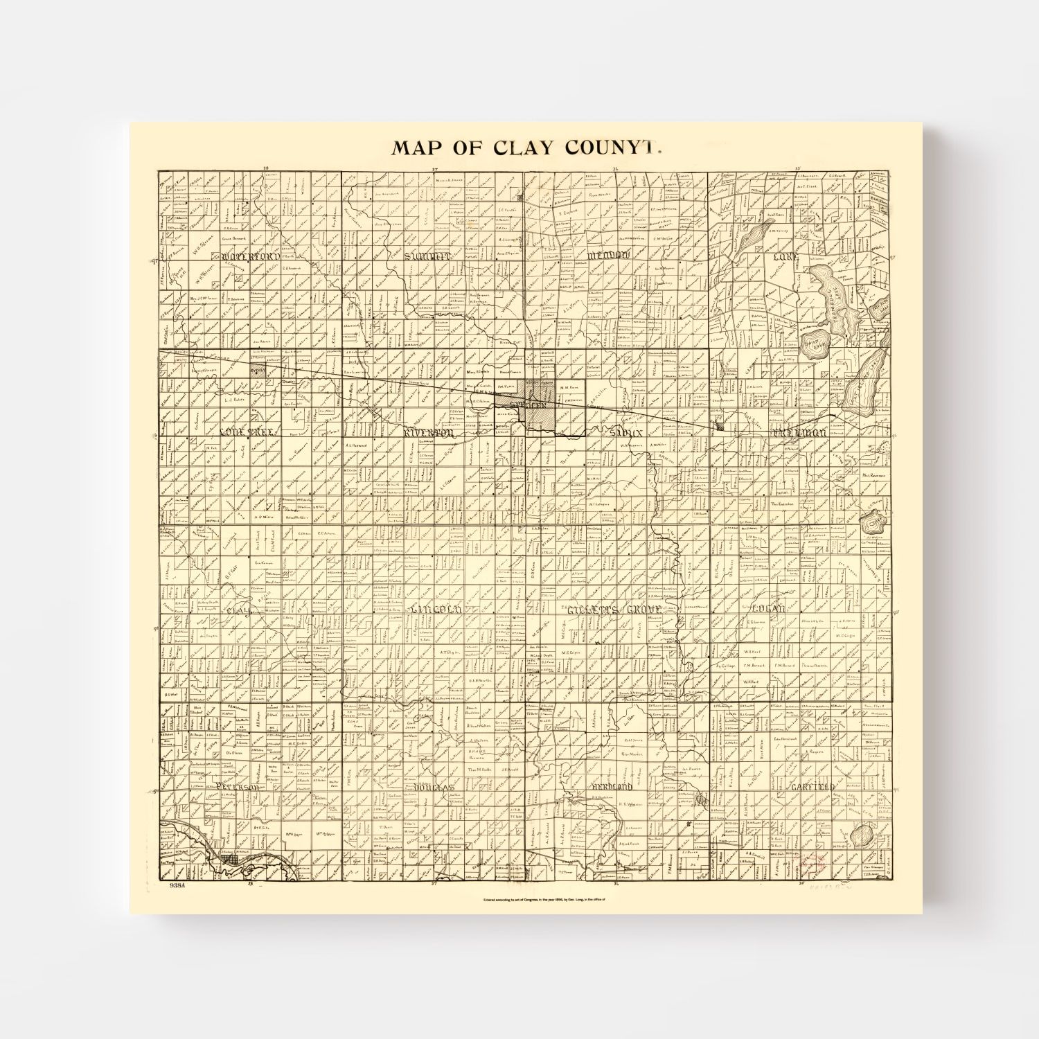 Vintage Map of Clay County, Iowa 1896