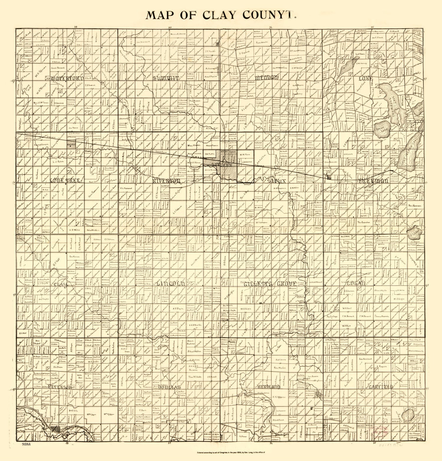 Vintage Map of Clay County, Iowa 1896