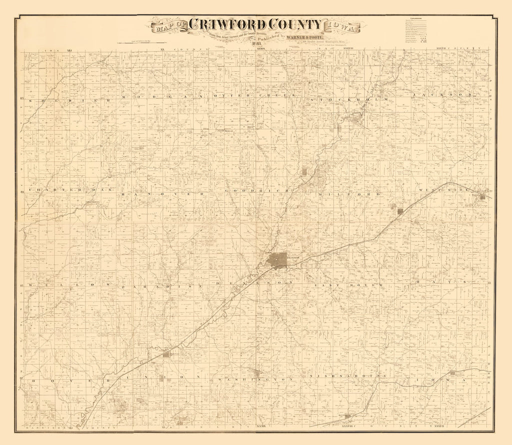 Vintage Map of Crawford County, Iowa 1883
