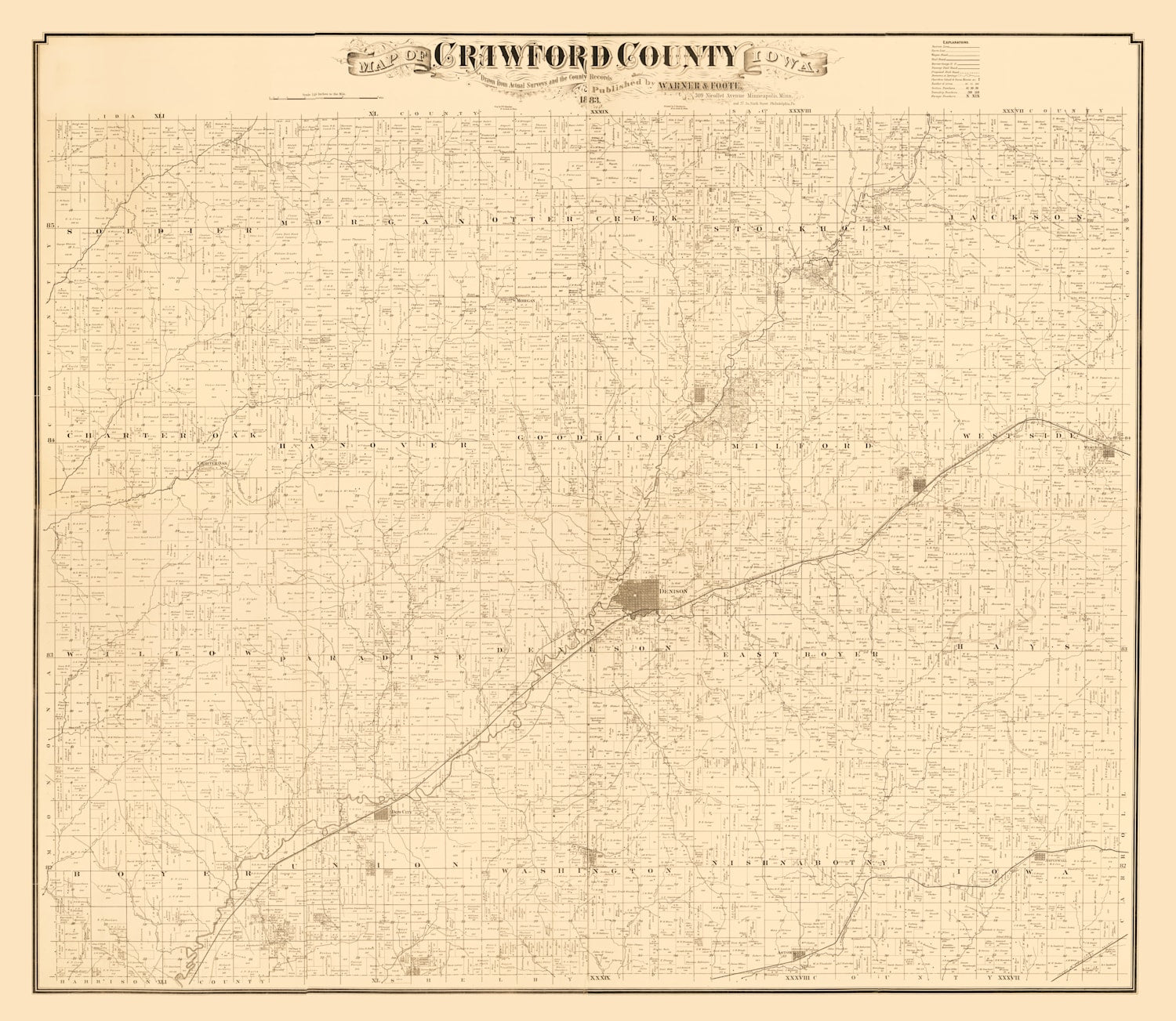 Vintage Map of Crawford County, Iowa 1883