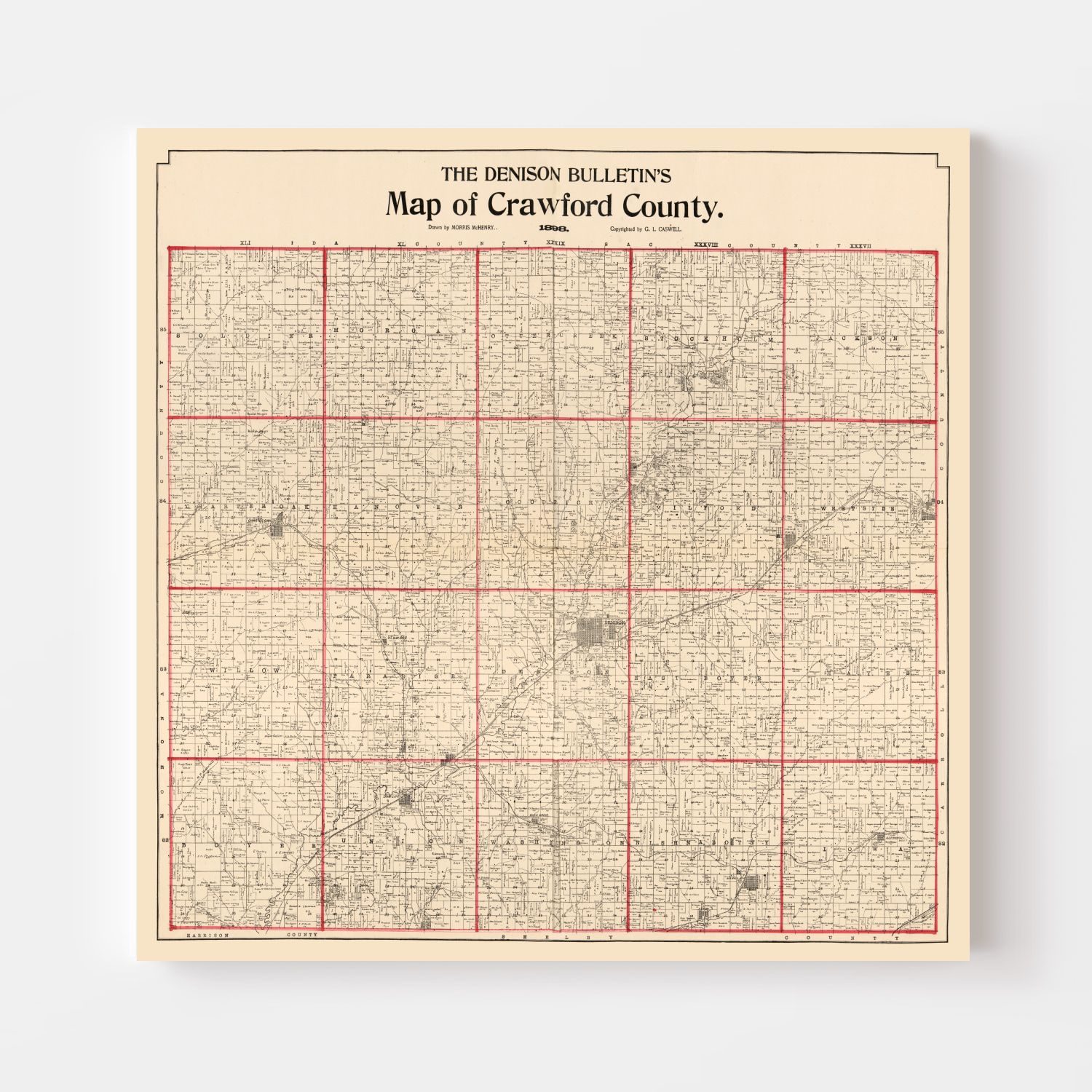 Vintage Map of Crawford County, Iowa 1898